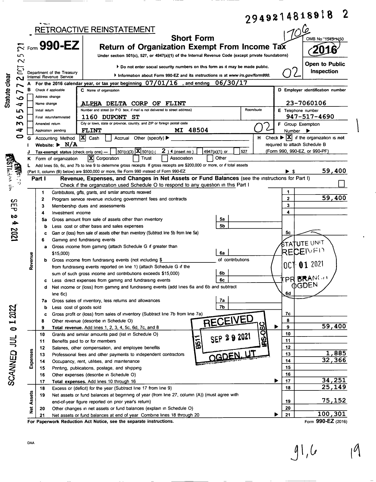 Image of first page of 2020 Form 990EO for Alpha Delta Corp of Flint
