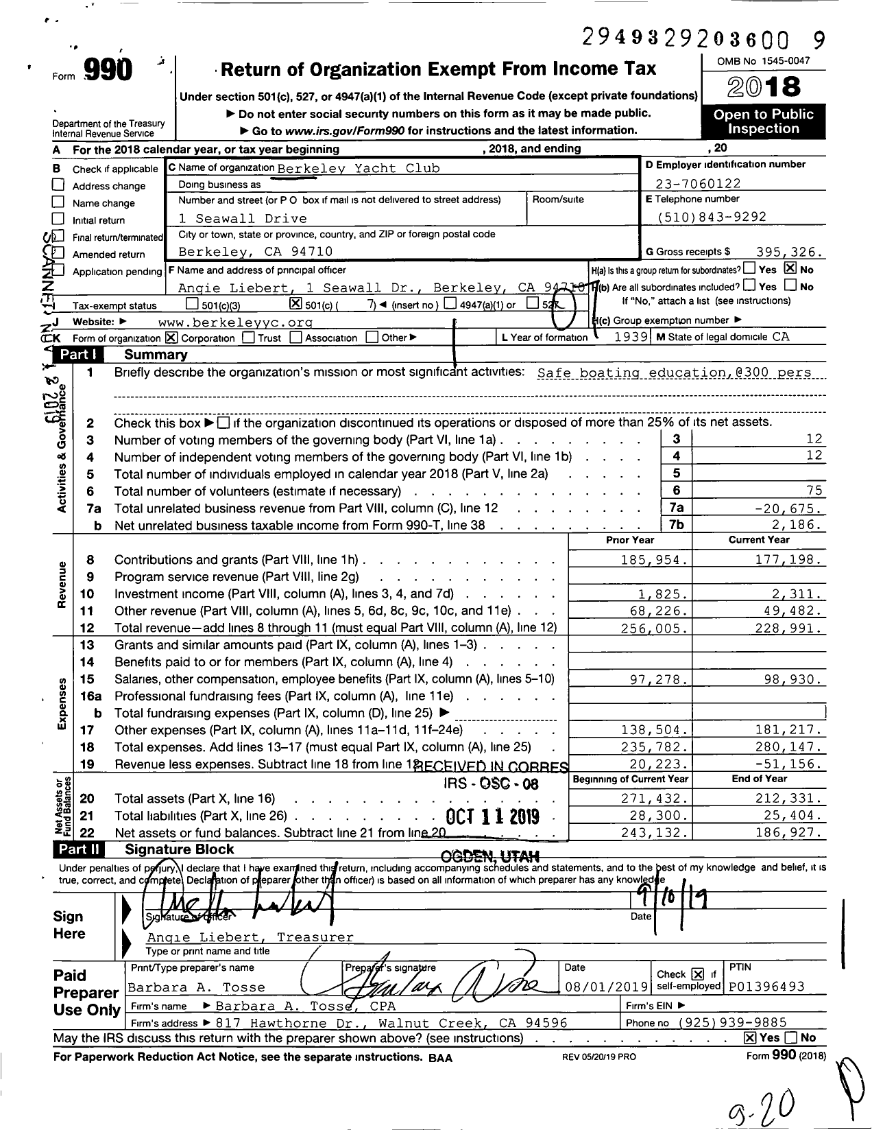 Image of first page of 2018 Form 990O for Berkeley Yacht Club