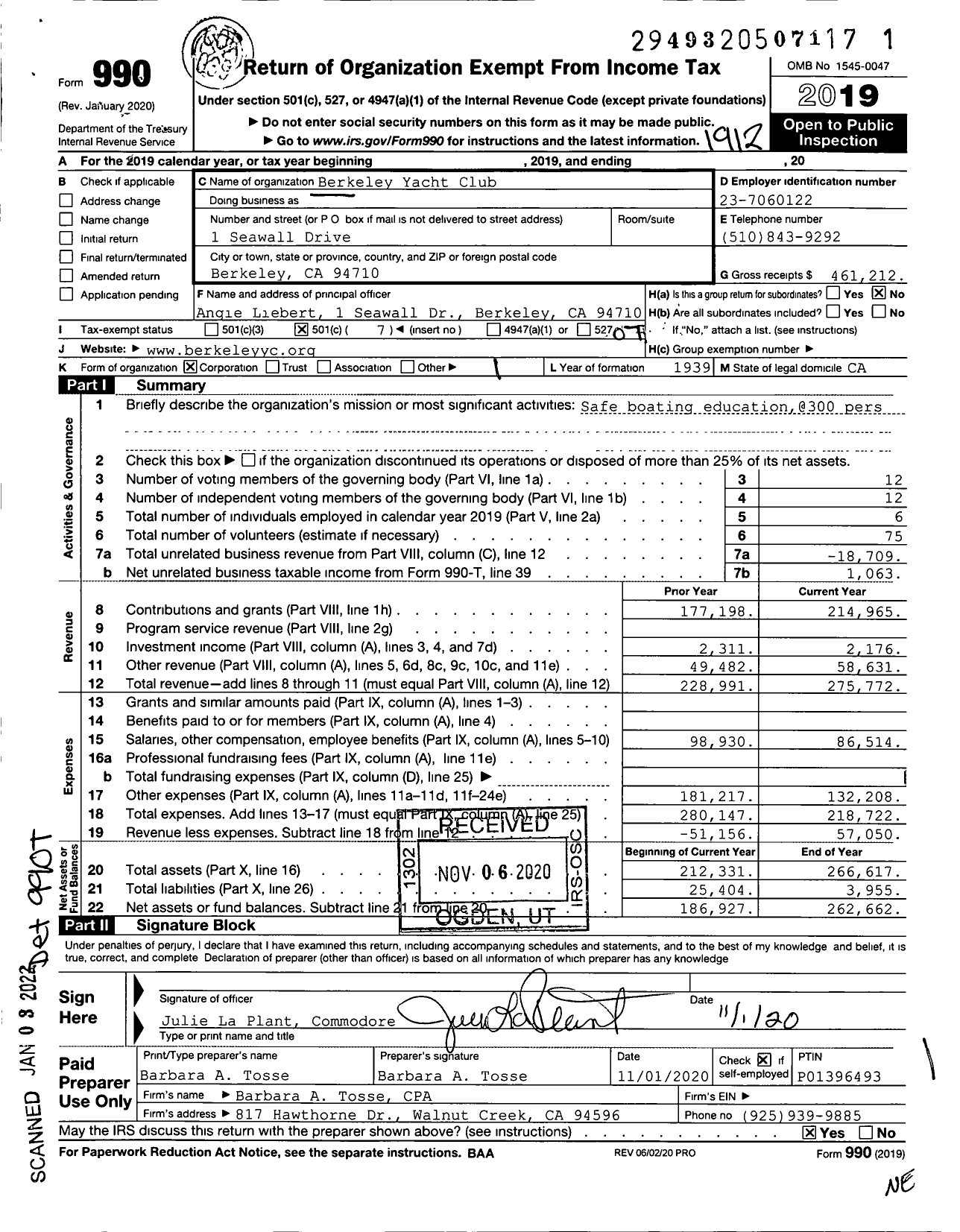 Image of first page of 2019 Form 990O for Berkeley Yacht Club