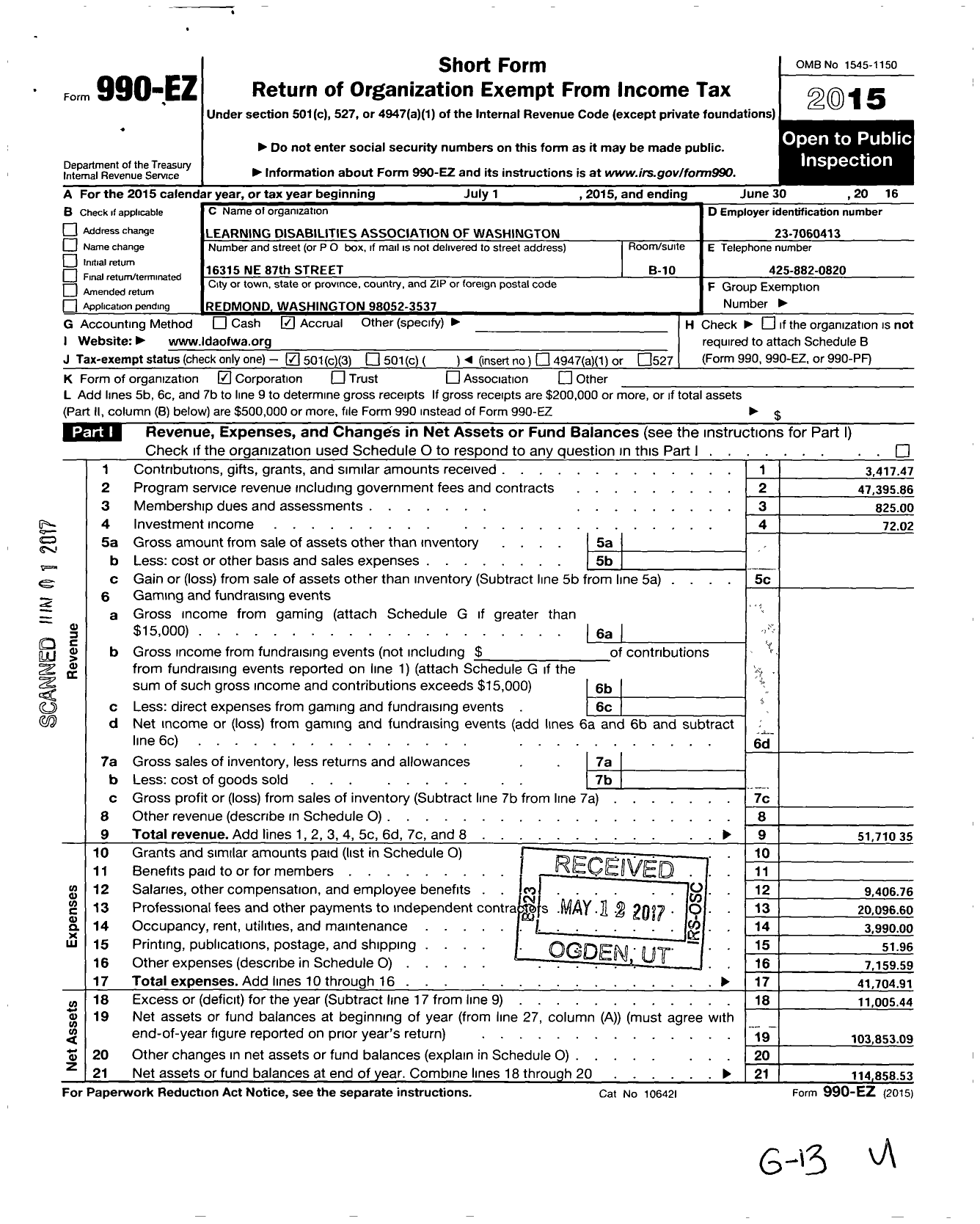 Image of first page of 2015 Form 990EZ for Learning Disabilities Association of Washington