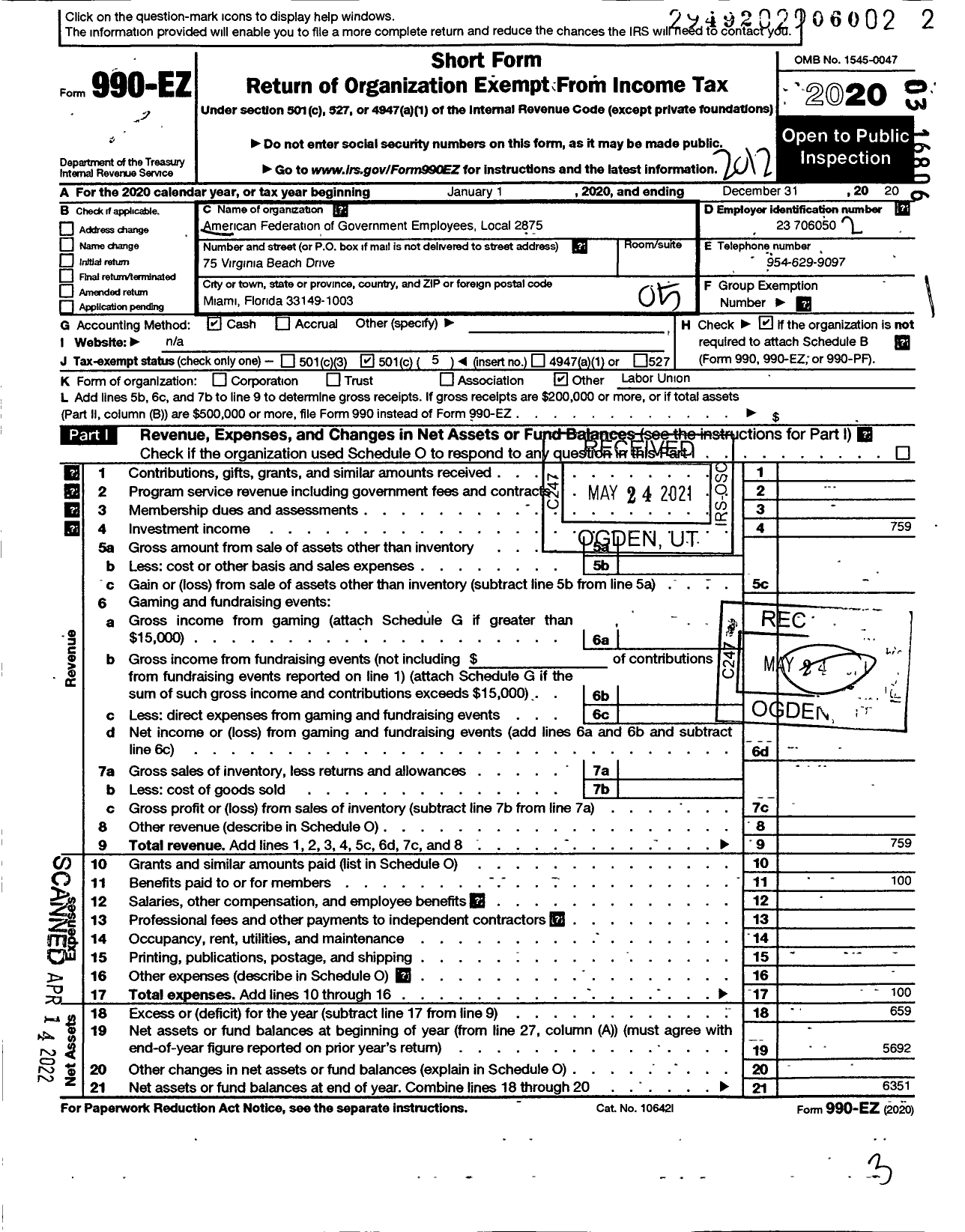 Image of first page of 2020 Form 990EO for American Federation of Government Employees - 2875 Afge Local