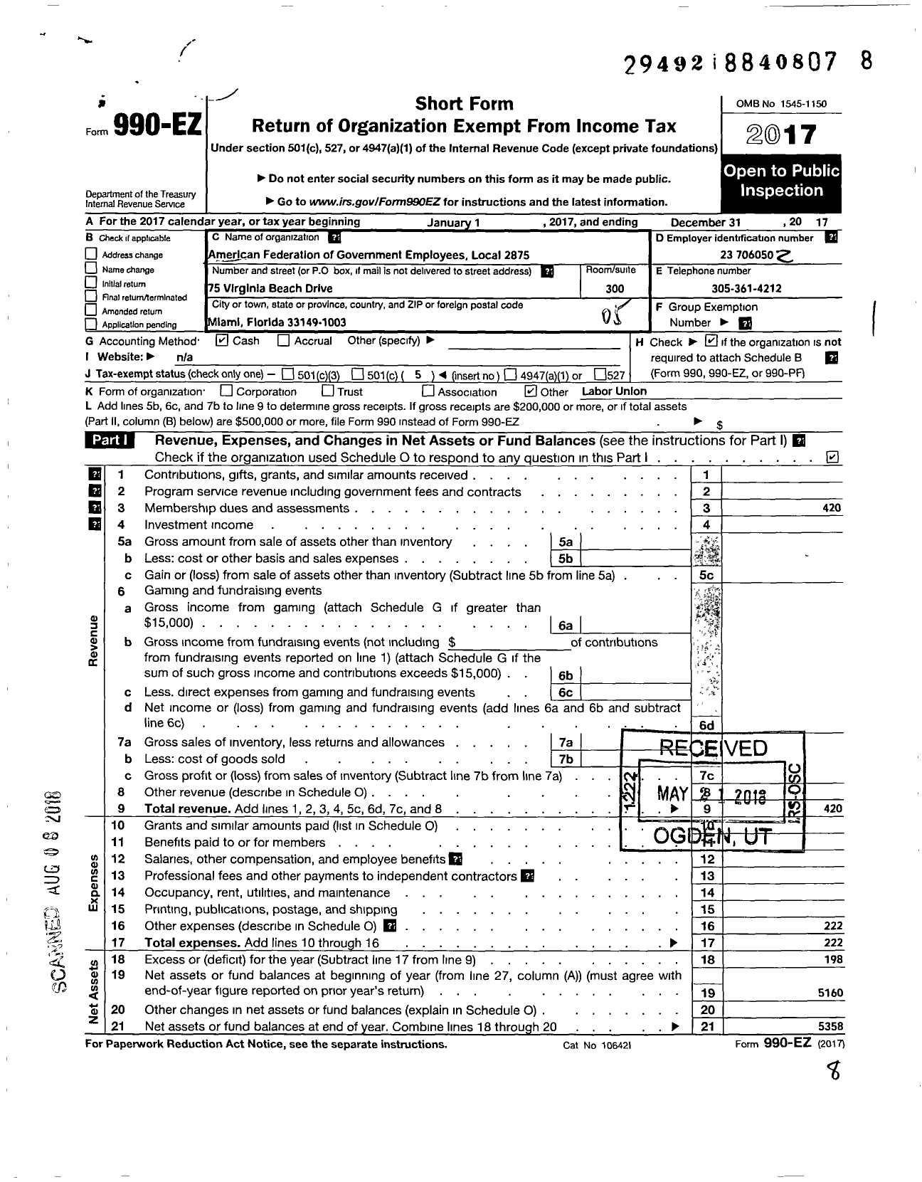 Image of first page of 2017 Form 990EO for American Federation of Government Employees - 2875 Afge Local