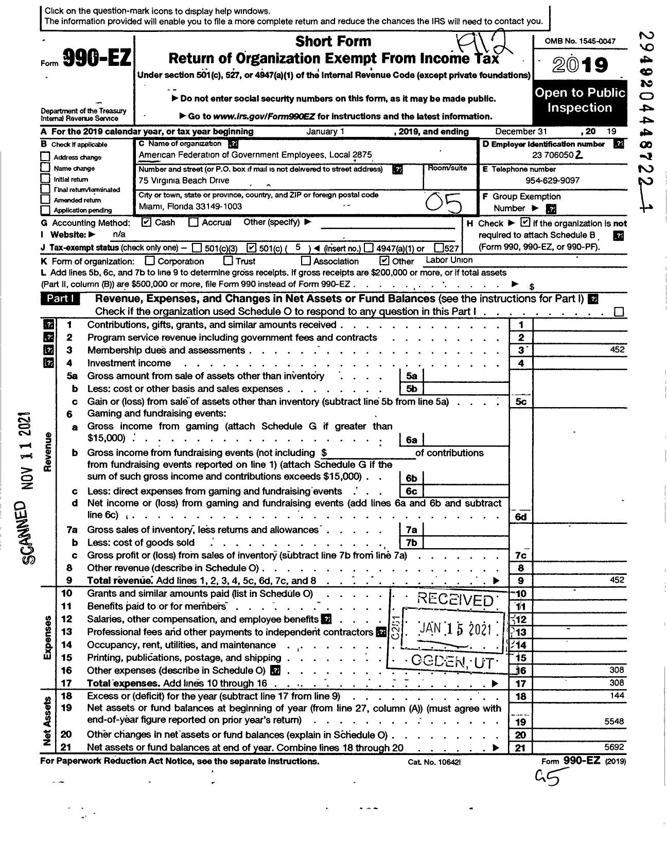 Image of first page of 2019 Form 990EO for American Federation of Government Employees - 2875 Afge Local