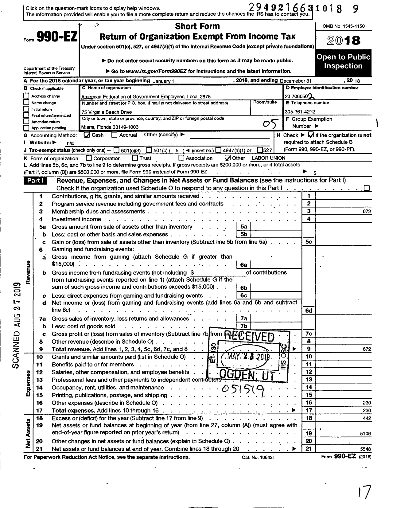 Image of first page of 2018 Form 990EO for American Federation of Government Employees - 2875 Afge Local