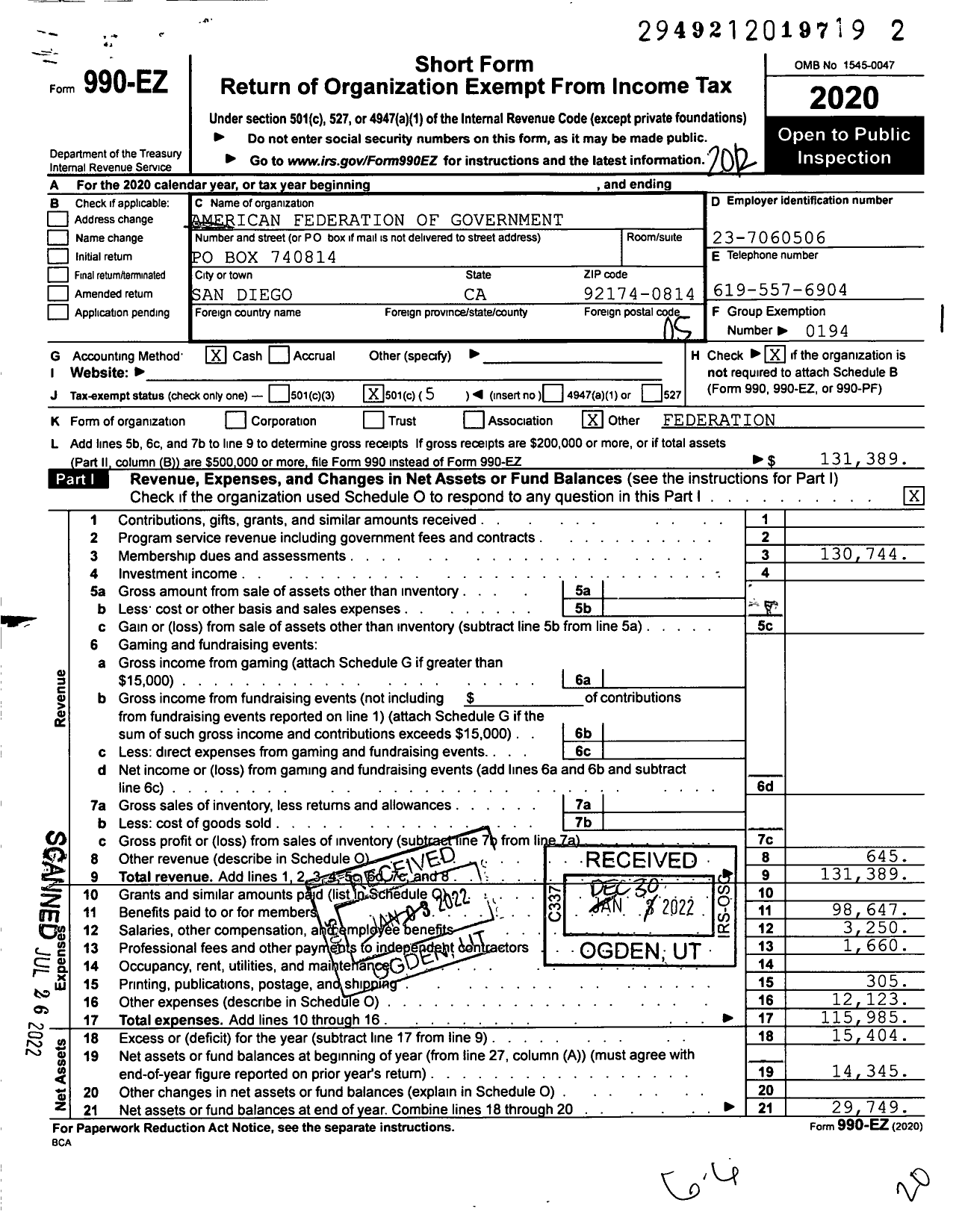 Image of first page of 2020 Form 990EO for American Federation of Government Employees - 2879 Afge Local