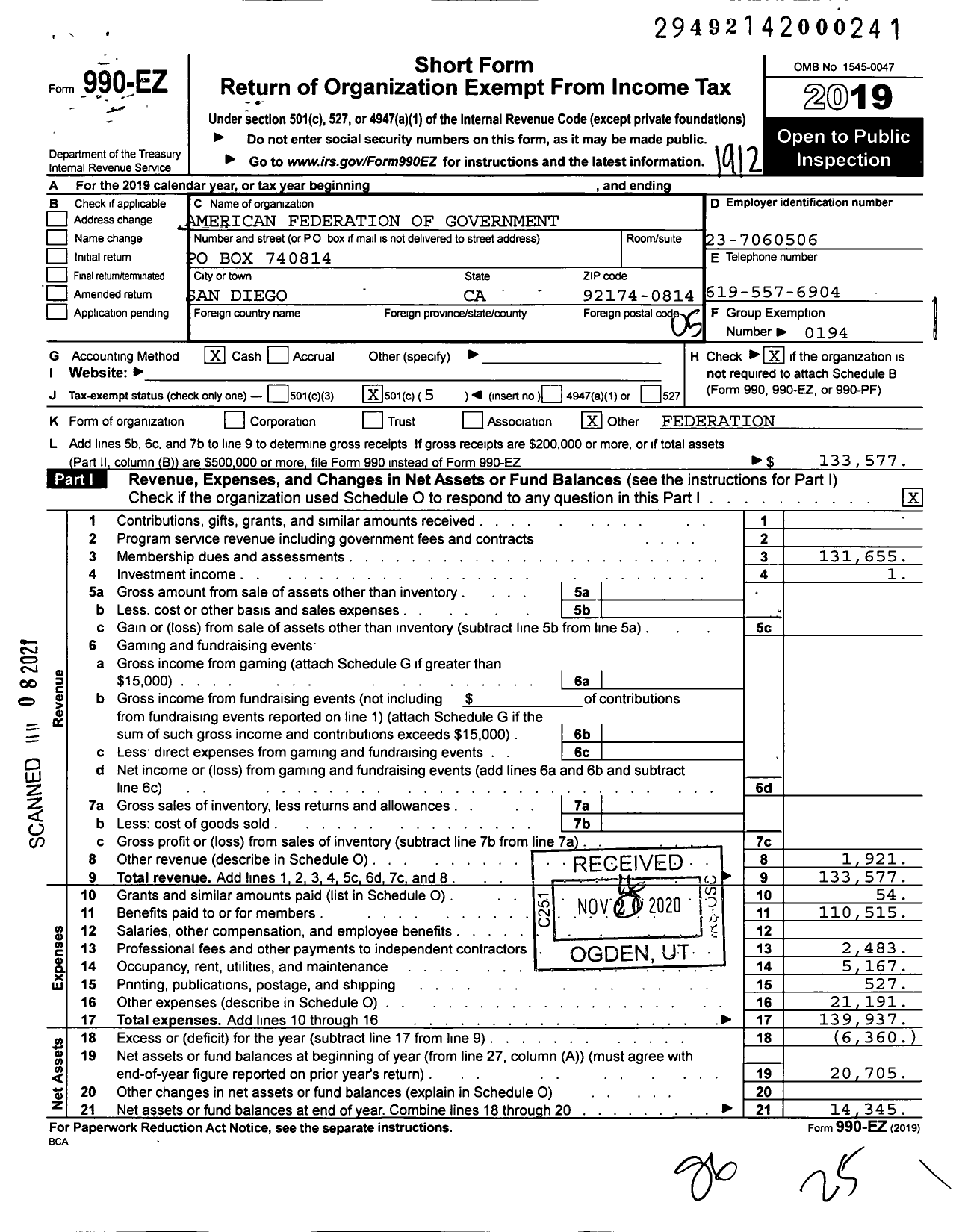 Image of first page of 2019 Form 990EO for American Federation of Government Employees - 2879 Afge Local