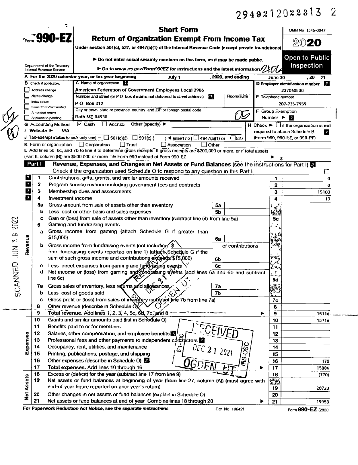 Image of first page of 2020 Form 990EO for American Federation of Government Employees - 2906 Afge Local