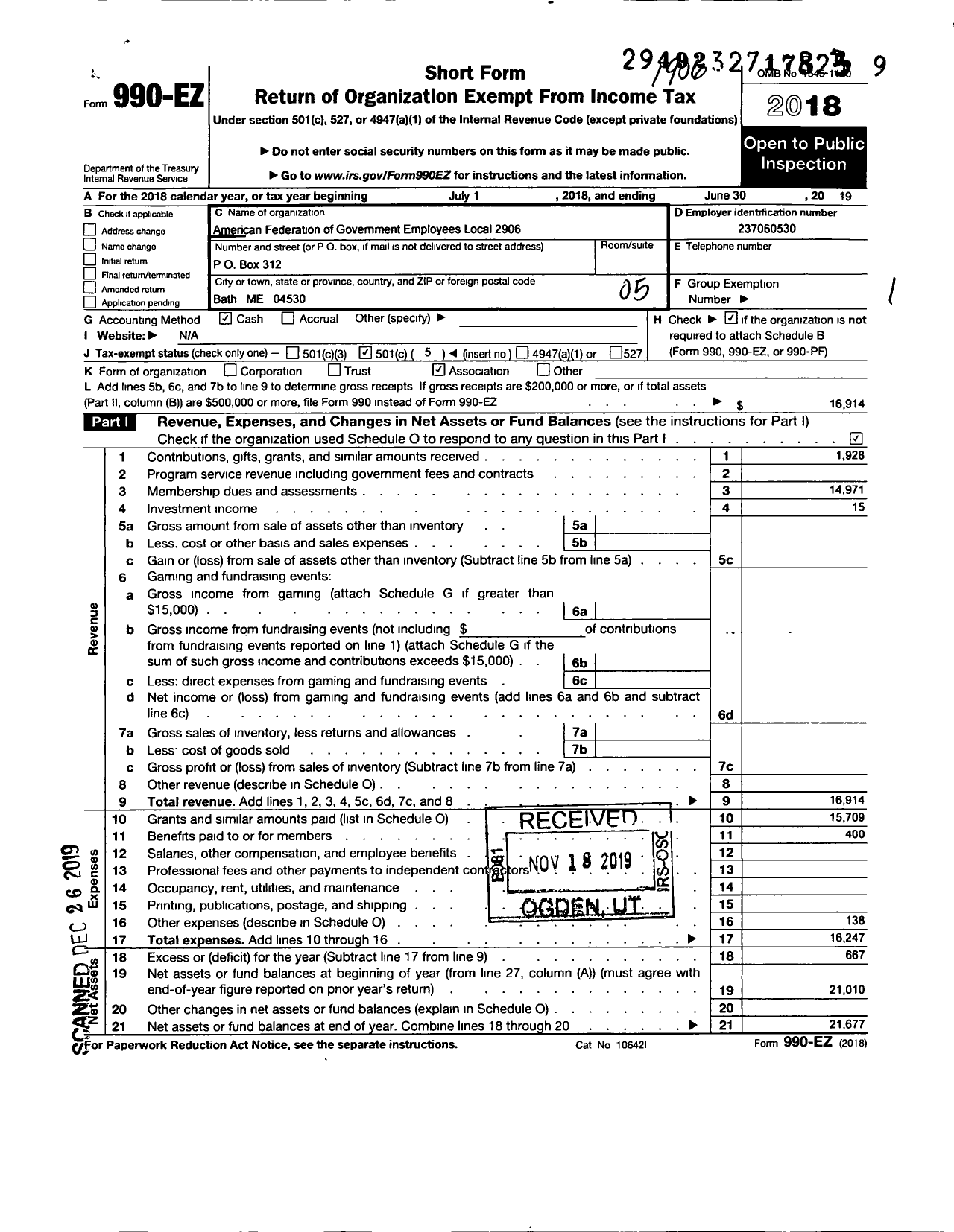 Image of first page of 2018 Form 990EO for American Federation of Government Employees - 2906 Afge Local