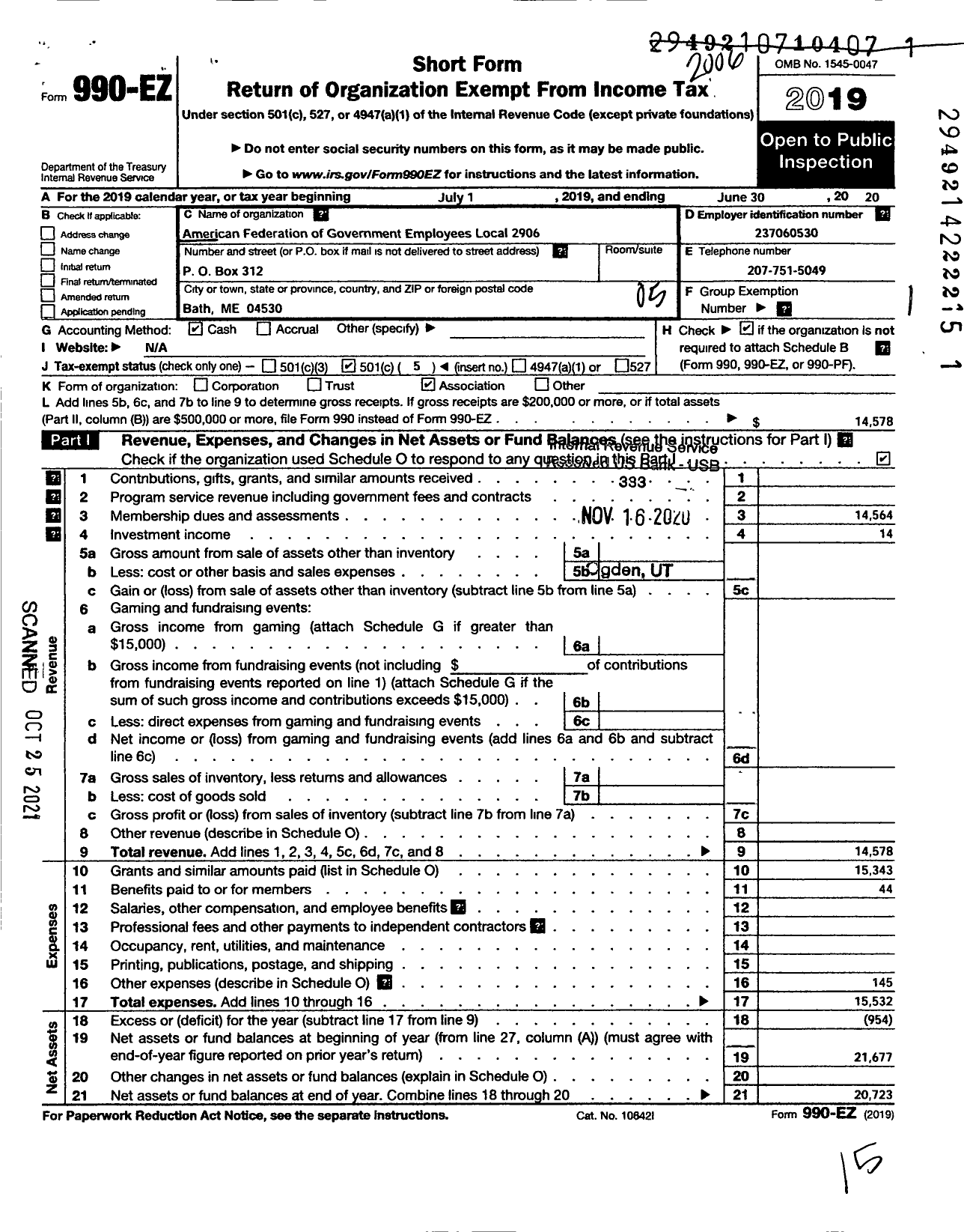 Image of first page of 2019 Form 990EO for American Federation of Government Employees - 2906 Afge Local