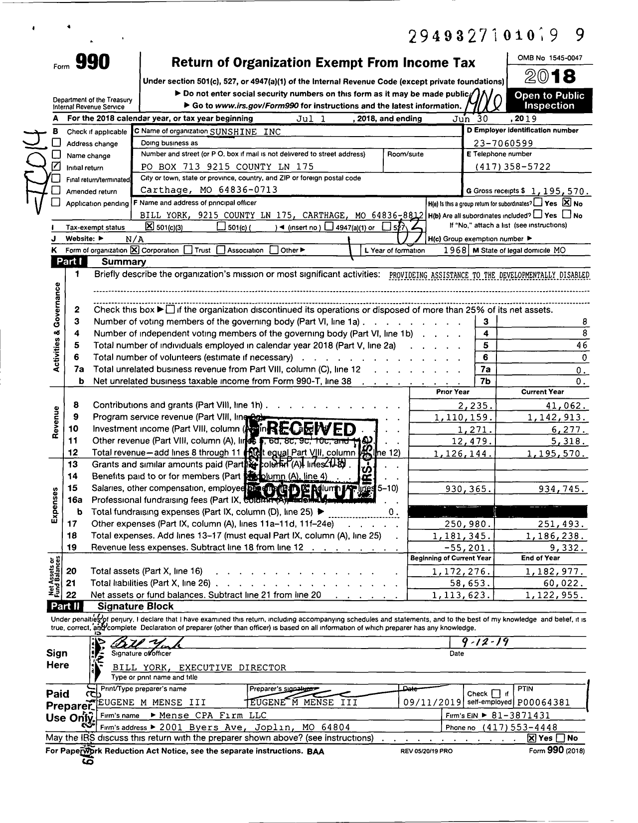 Image of first page of 2018 Form 990 for Sunshine