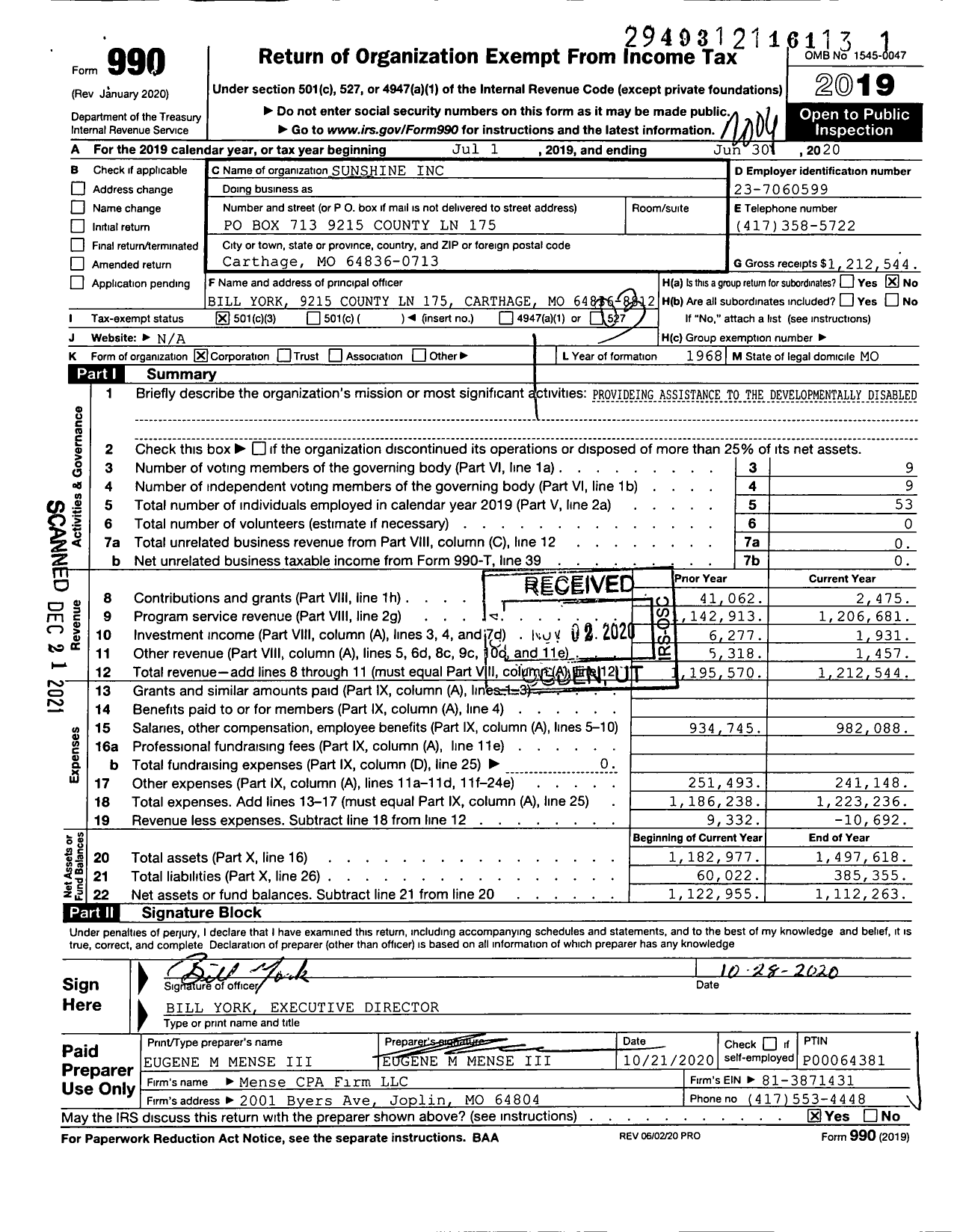 Image of first page of 2019 Form 990 for Sunshine