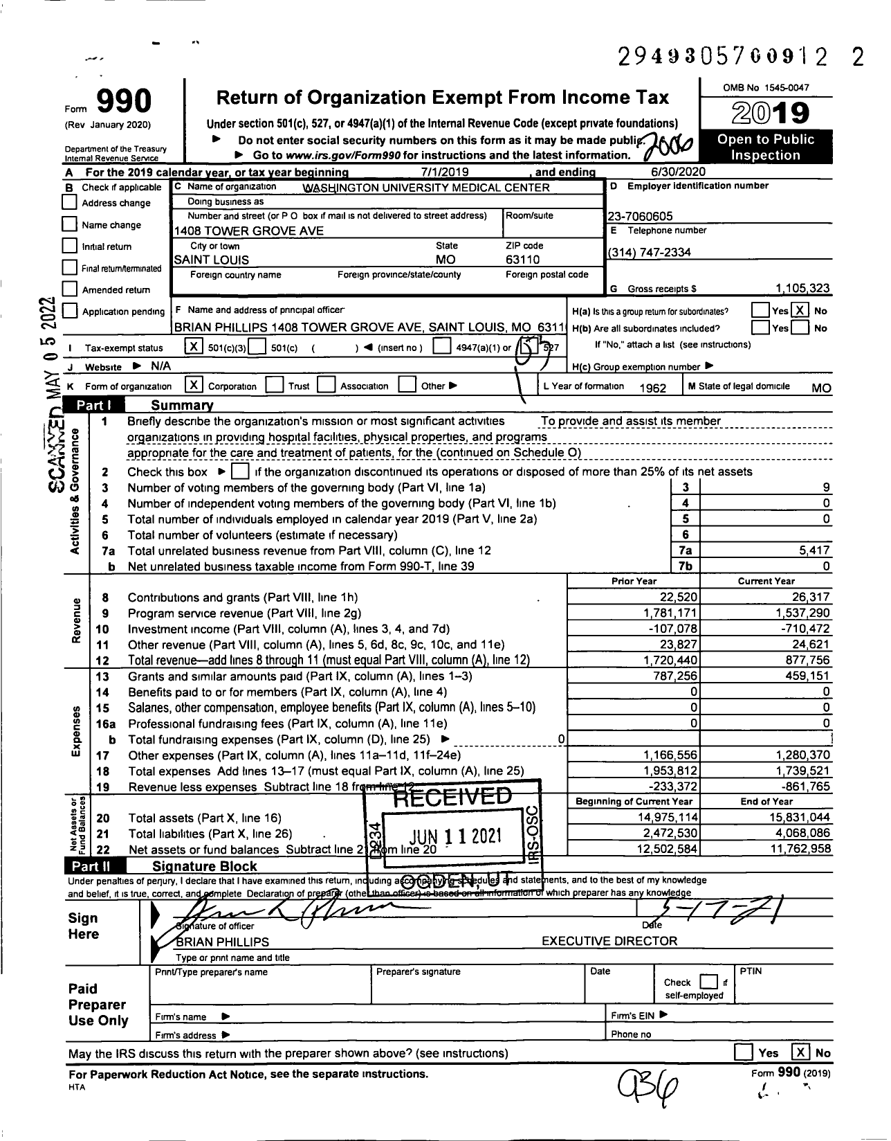 Image of first page of 2019 Form 990 for Washington University Medical Center