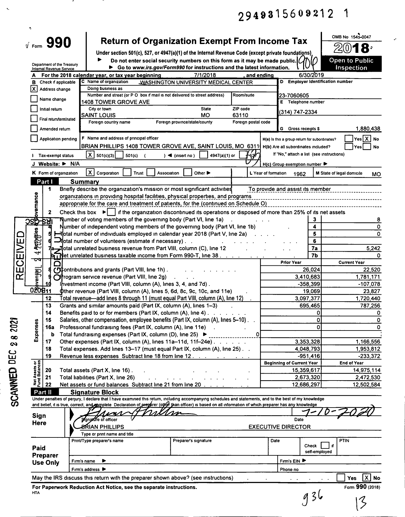 Image of first page of 2018 Form 990 for Washington University Medical Center