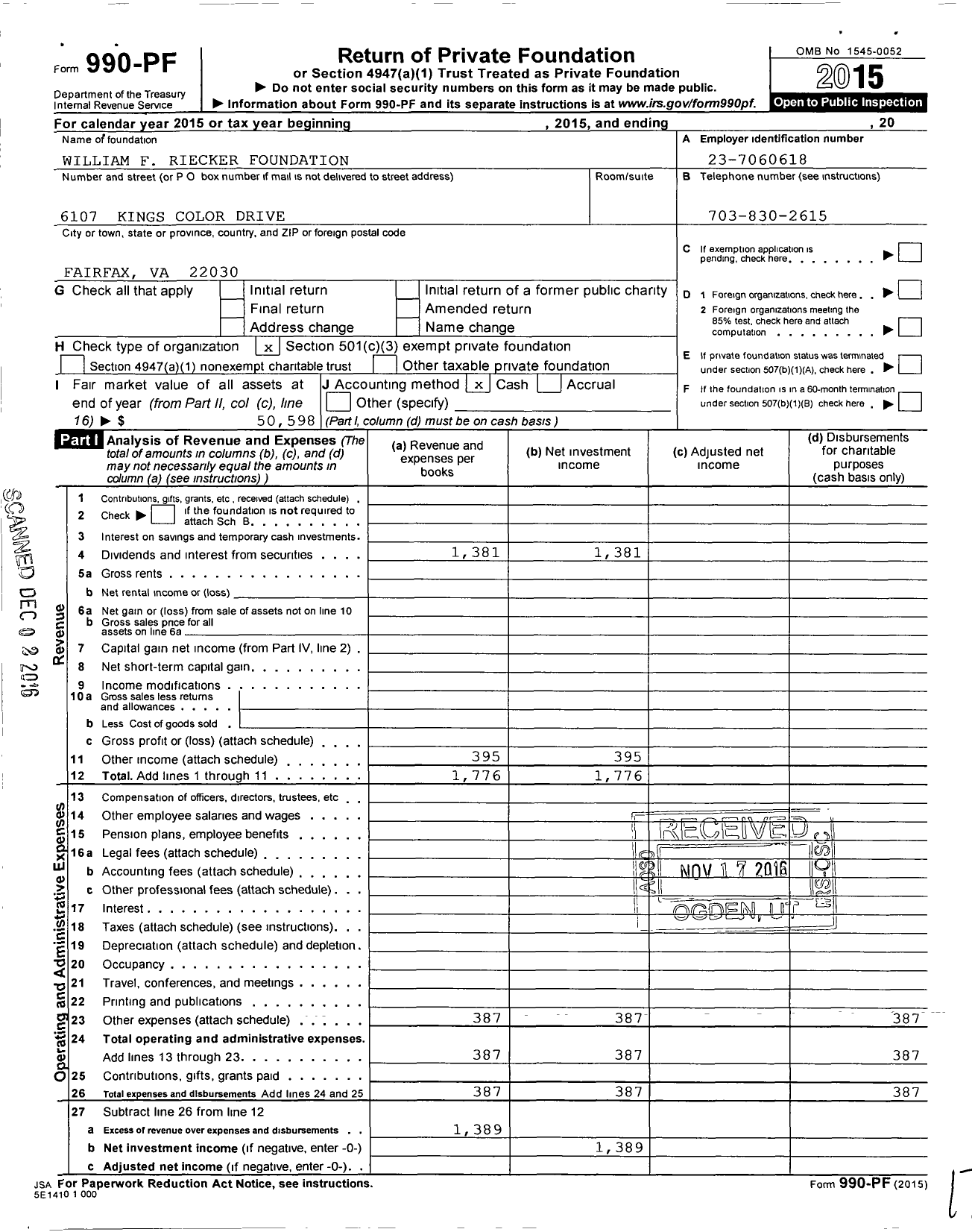 Image of first page of 2015 Form 990PF for William F Reicker Foundation