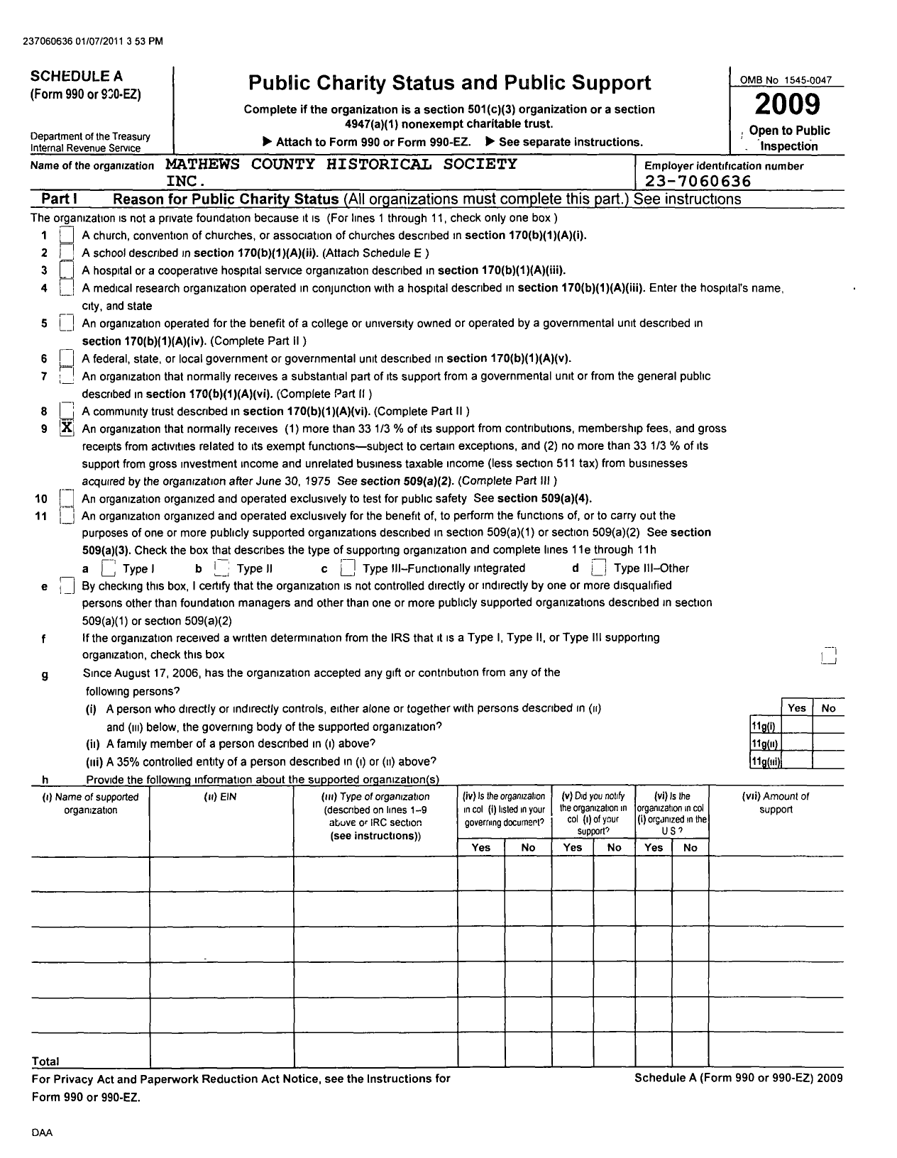 Image of first page of 2009 Form 990ER for Mathews County Historical Society