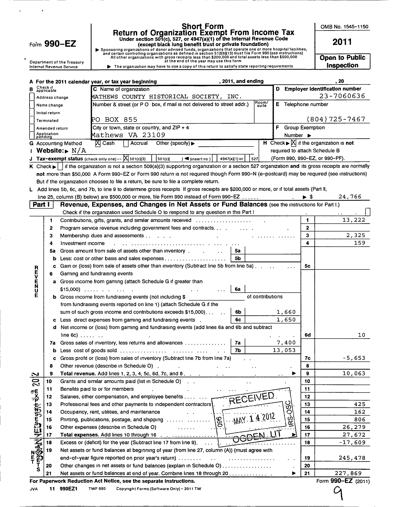 Image of first page of 2011 Form 990EZ for Mathews County Historical Society