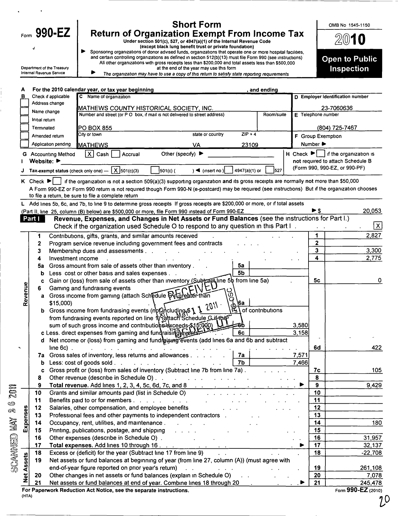 Image of first page of 2010 Form 990EZ for Mathews County Historical Society