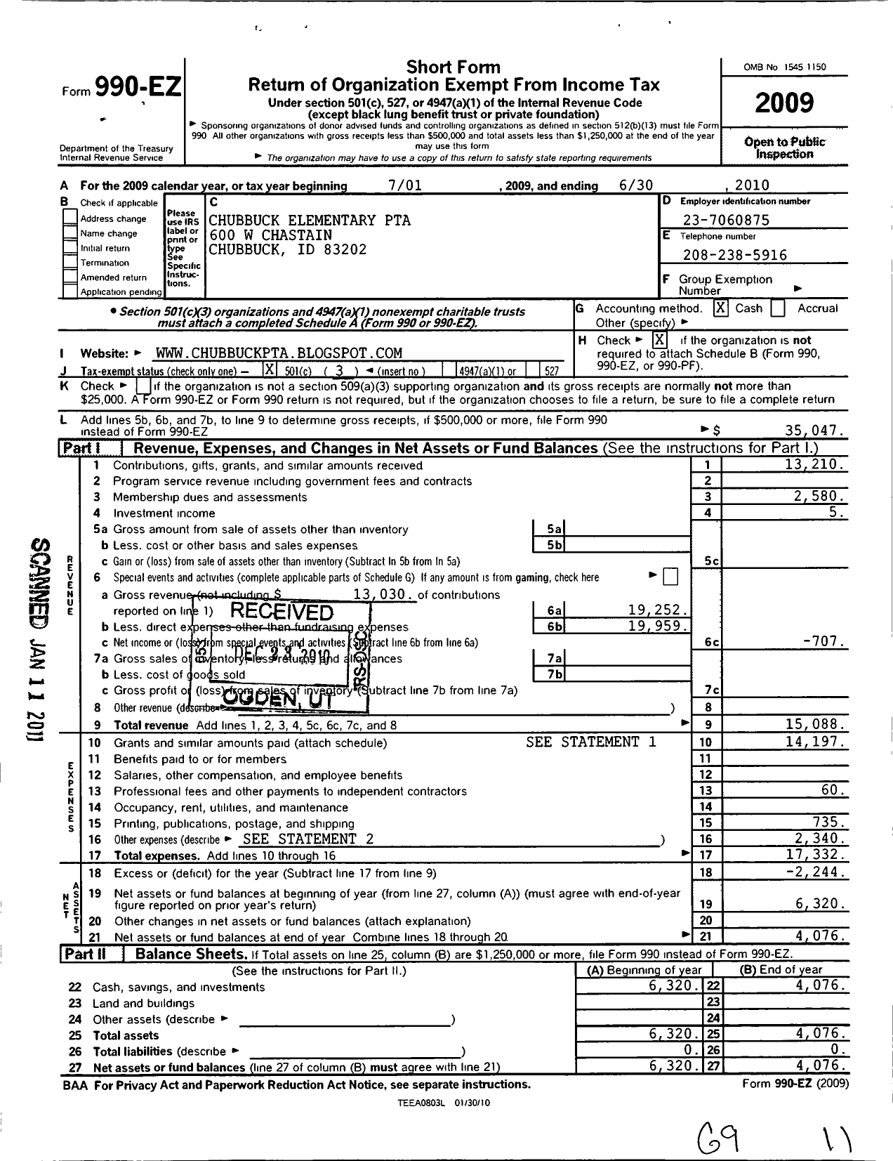 Image of first page of 2009 Form 990EZ for PTA Idaho Congress / Chubbuck Elementary PTA