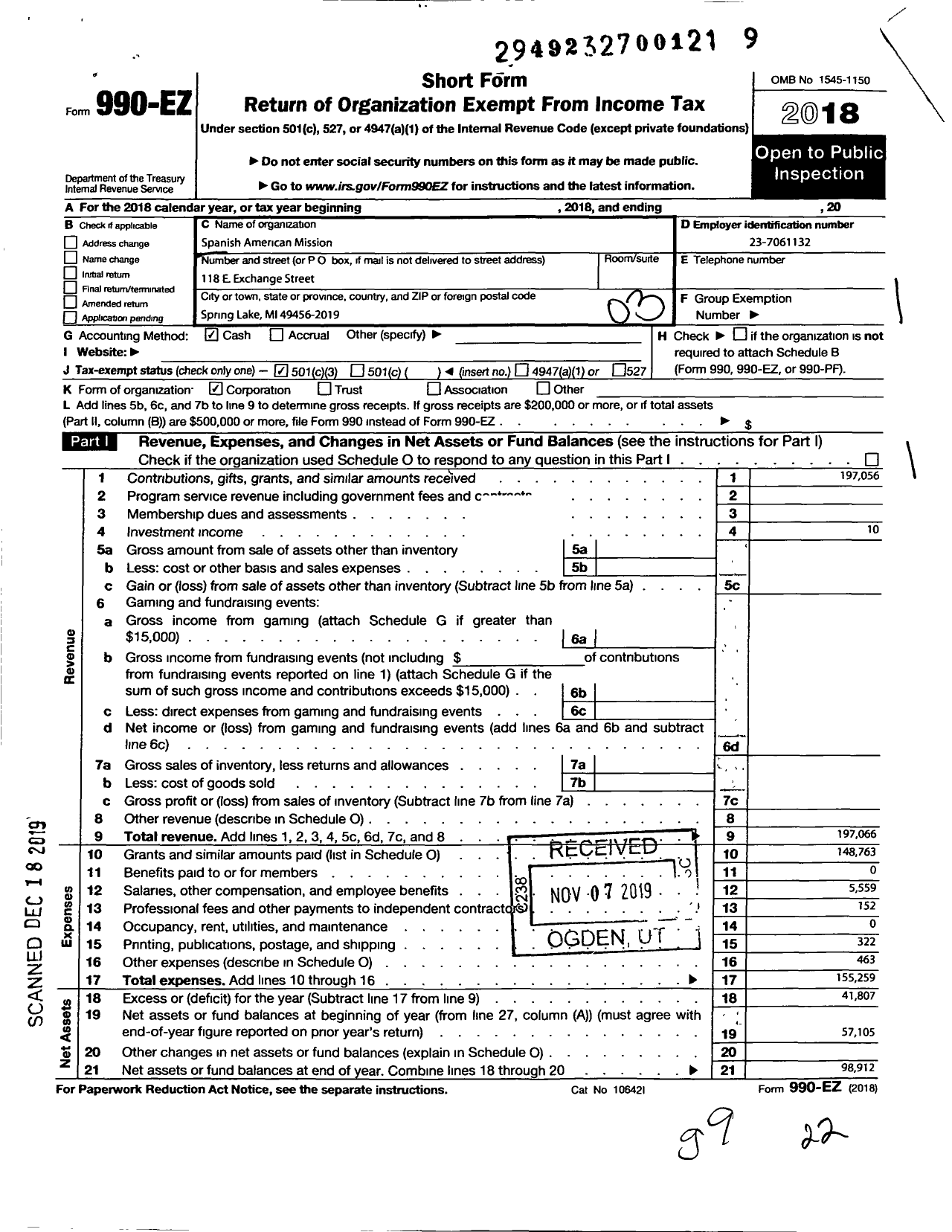 Image of first page of 2018 Form 990EZ for Spanish American Mission