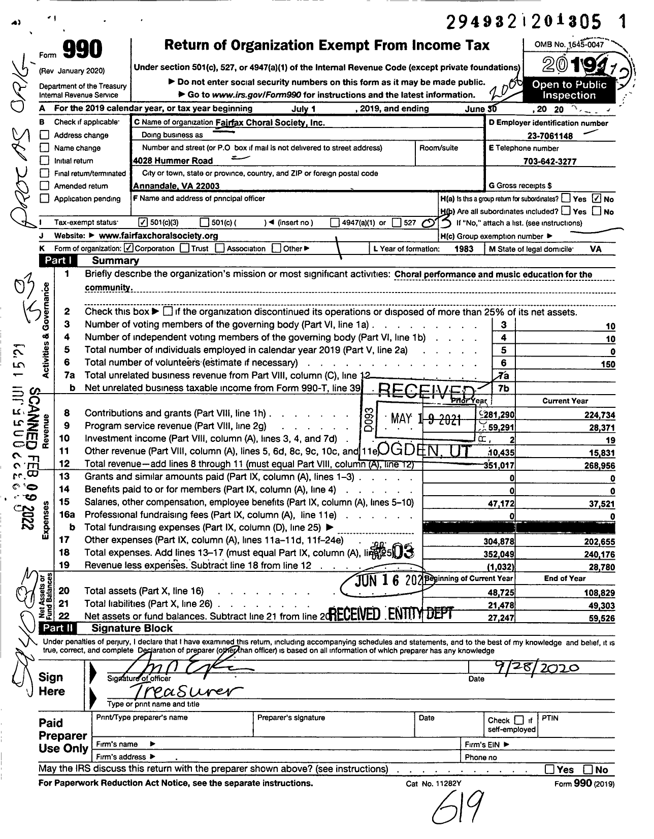 Image of first page of 2019 Form 990 for Fairfax Choral Society