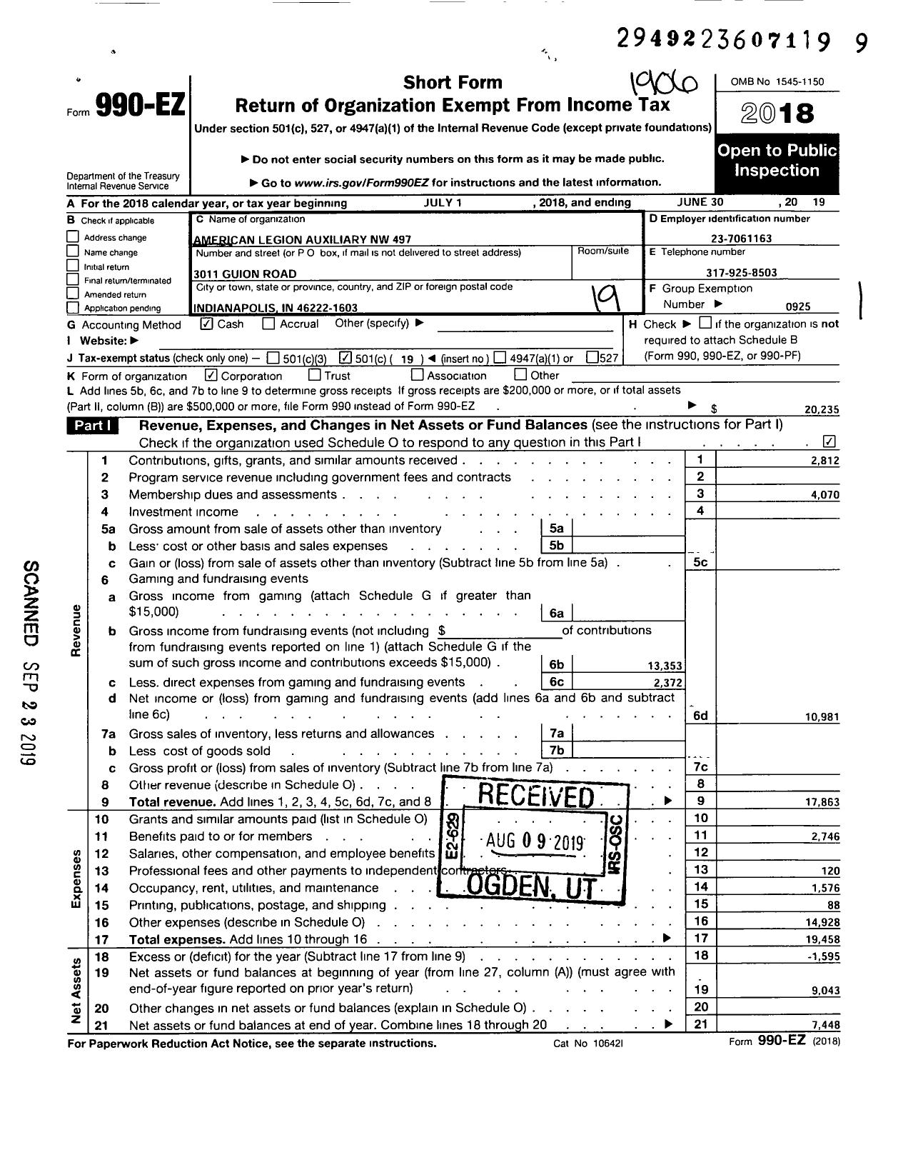 Image of first page of 2018 Form 990EO for American Legion Auxiliary Northwest 497 Corporation