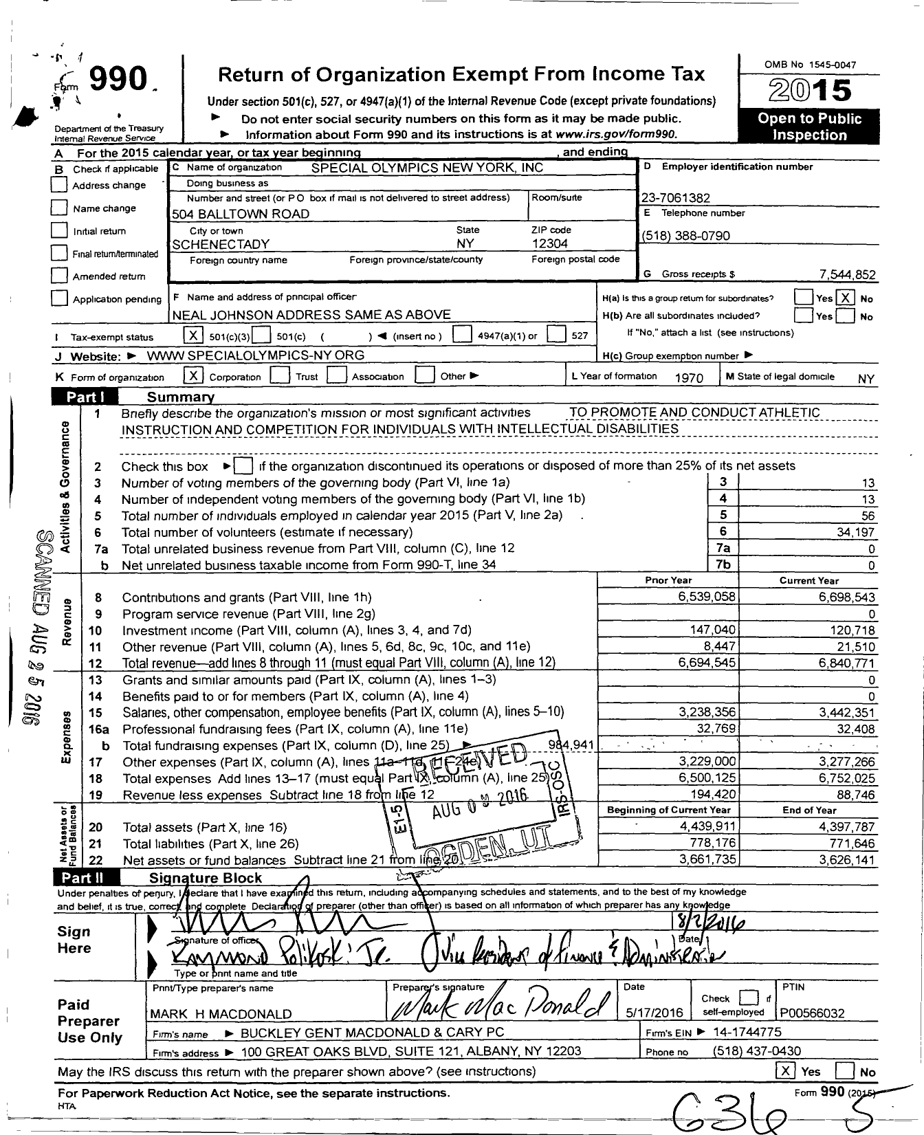 Image of first page of 2015 Form 990 for Special Olympics New York