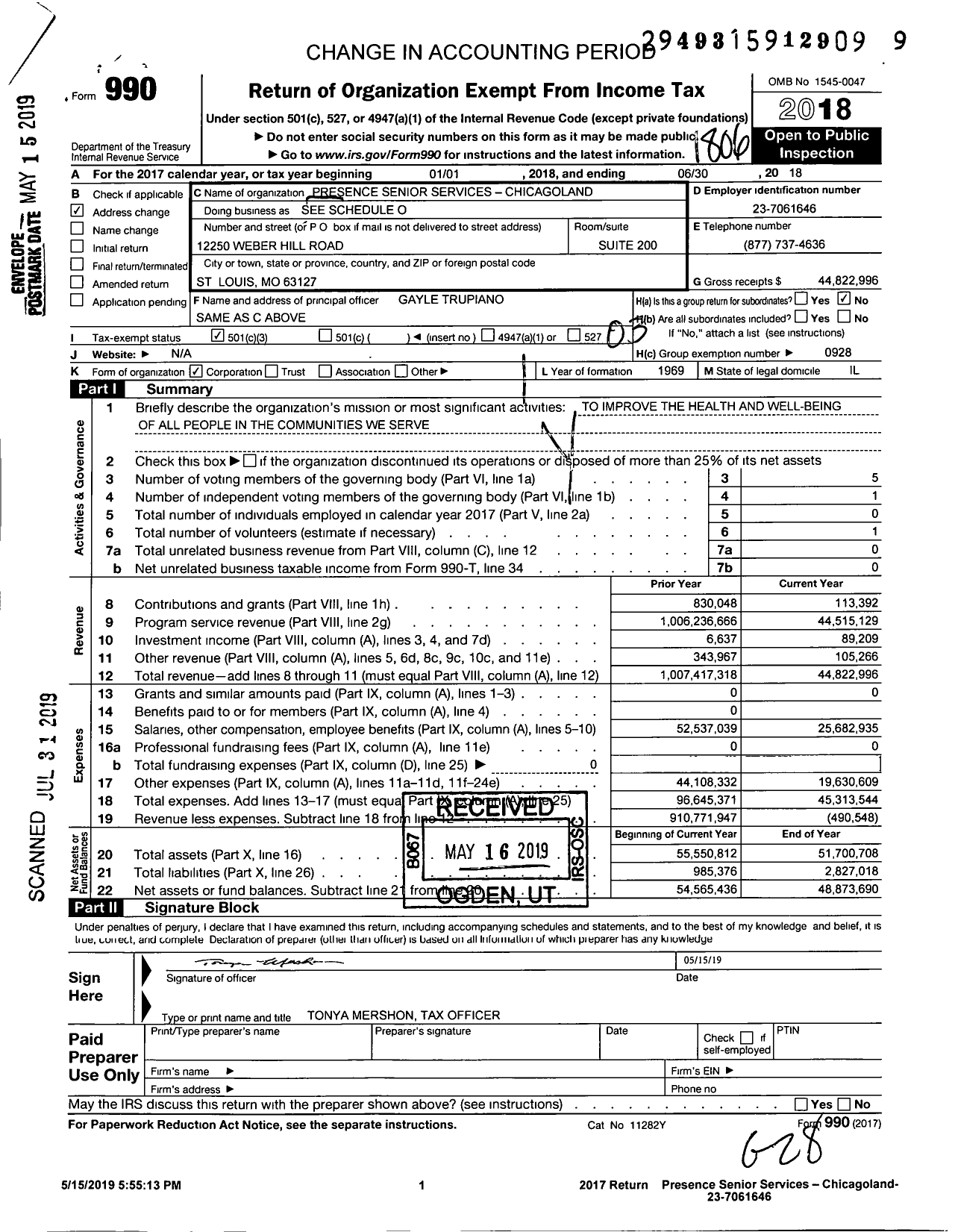 Image of first page of 2017 Form 990 for Presence Senior Services Chicagoland