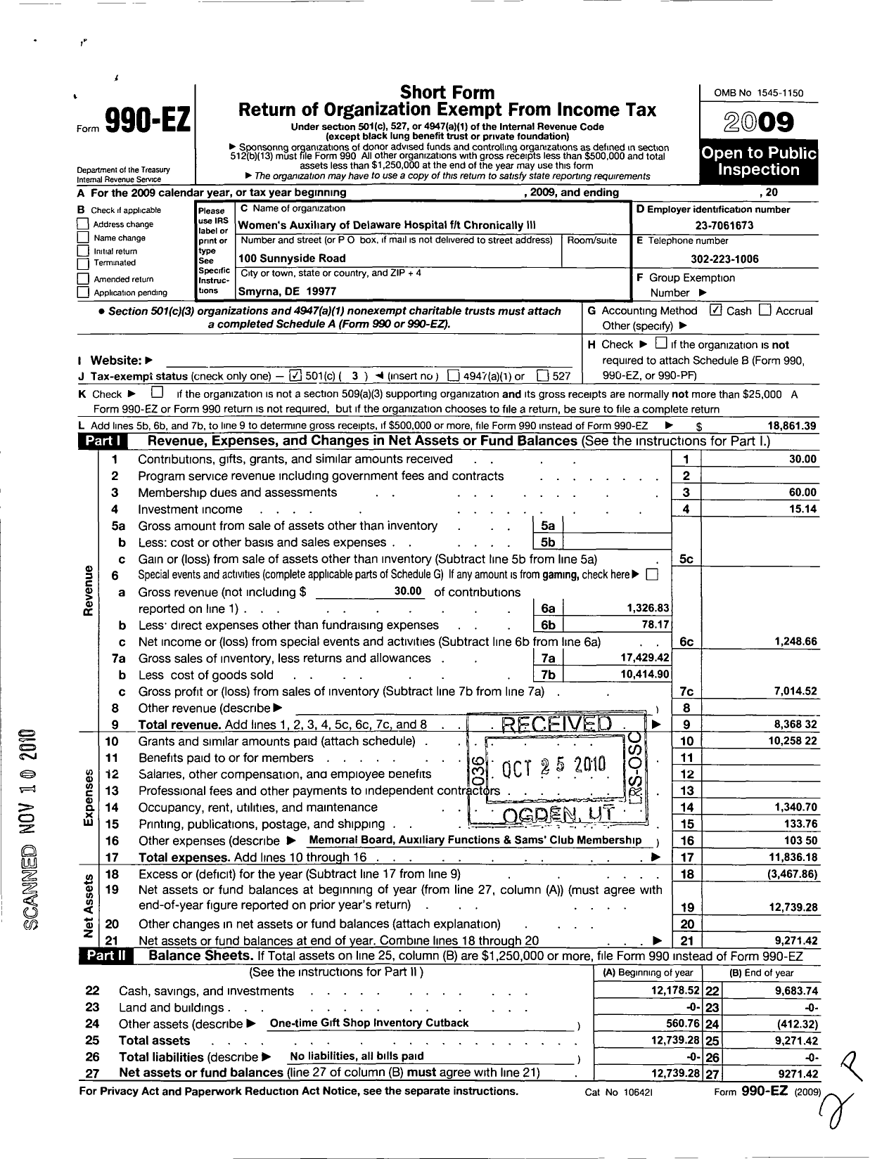 Image of first page of 2009 Form 990EZ for Womens Auxiliary of Delaware Hospital for the Chronically Ill