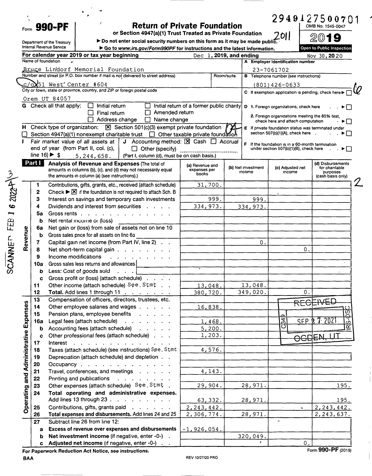 Image of first page of 2019 Form 990PF for Bruce Lindorf Memorial Foundation (BLMF)