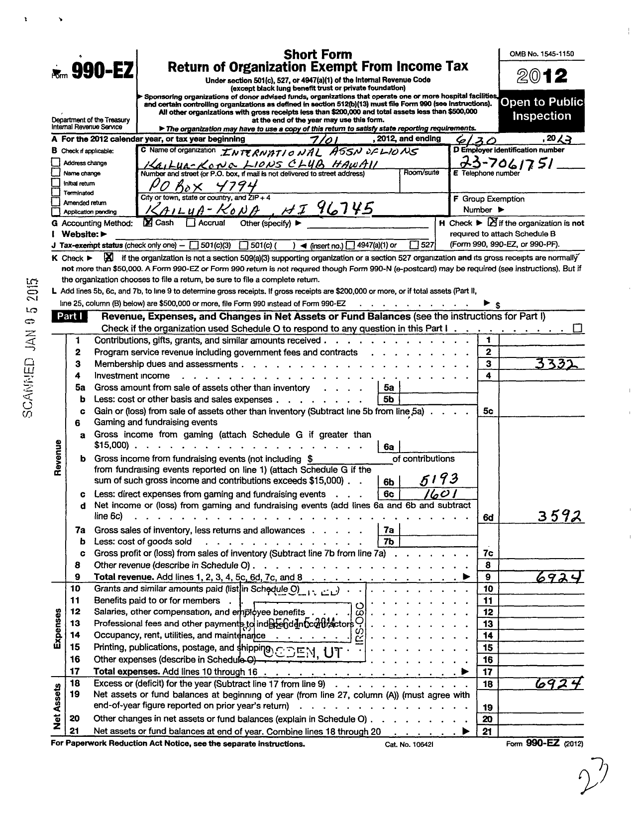 Image of first page of 2012 Form 990EO for Lions Clubs - 14341 Kailua-Kona Lions Club