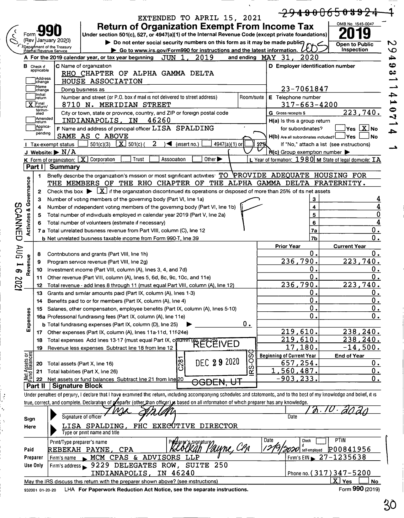 Image of first page of 2019 Form 990O for Rho Chapter of Alpha Gamma Delta House Association