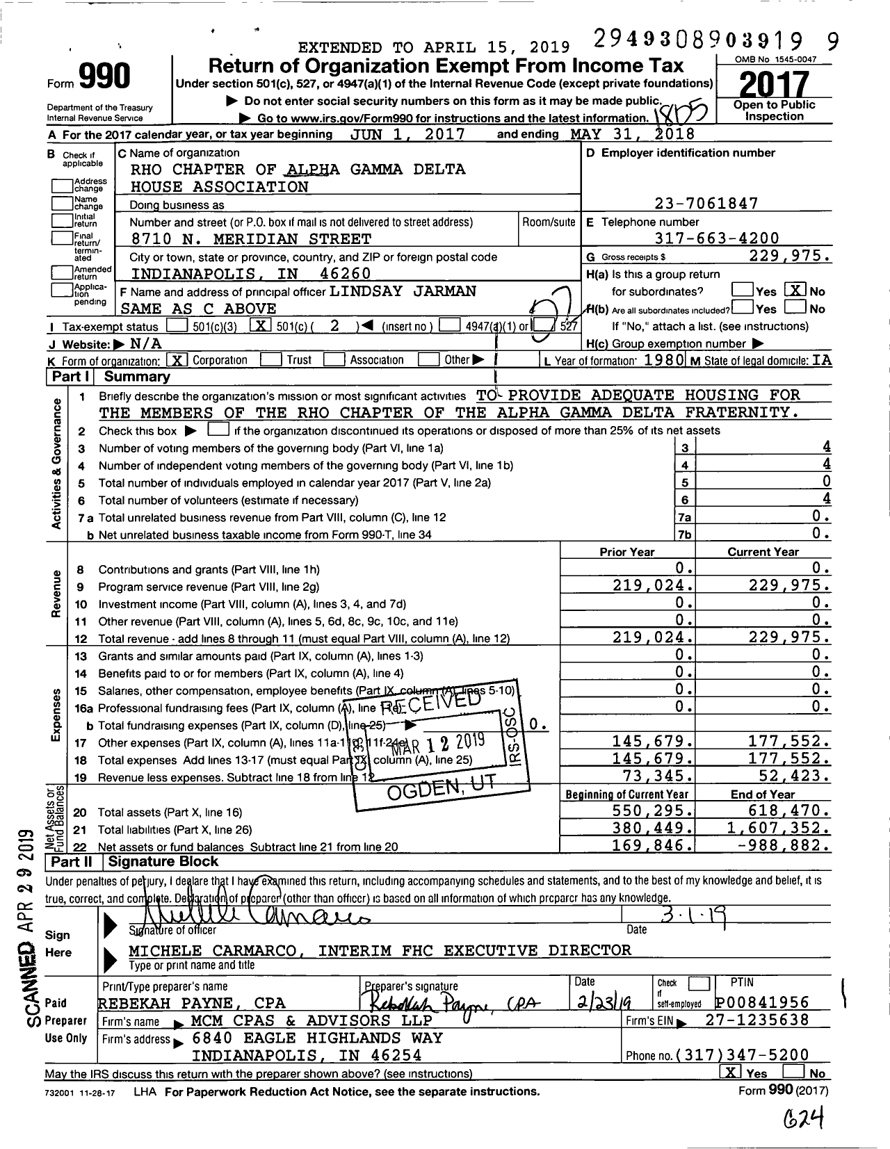 Image of first page of 2017 Form 990O for Rho Chapter of Alpha Gamma Delta House Association