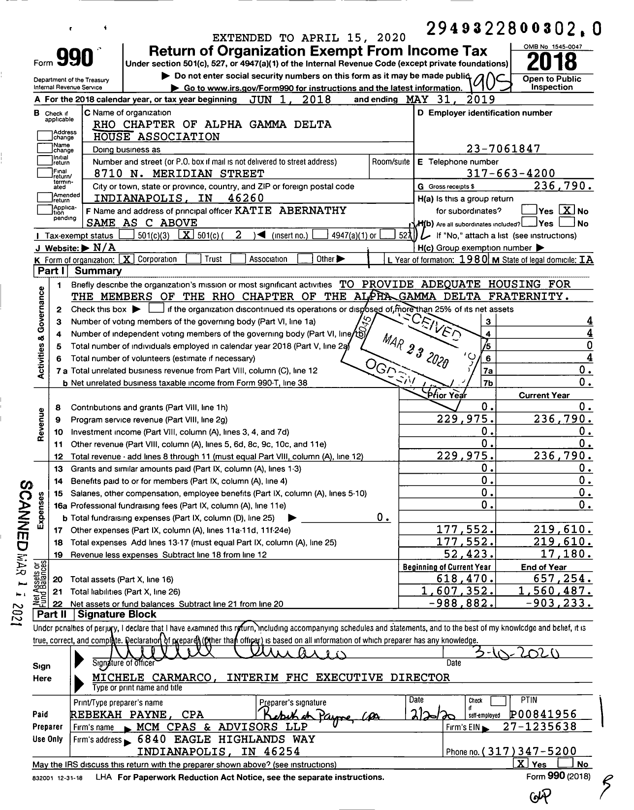 Image of first page of 2018 Form 990O for Rho Chapter of Alpha Gamma Delta House Association