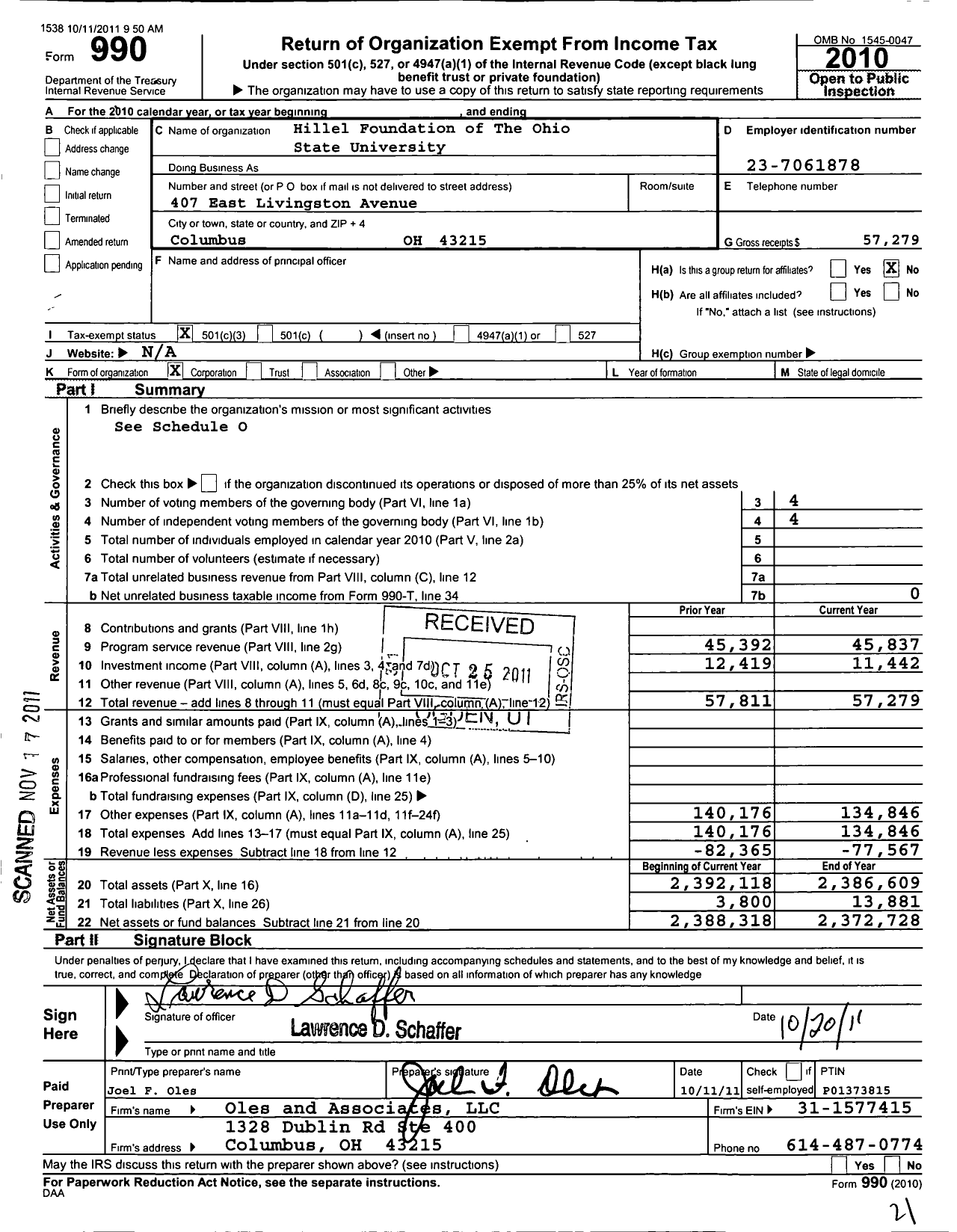 Image of first page of 2010 Form 990 for Hillel Foundation of the Ohio State University