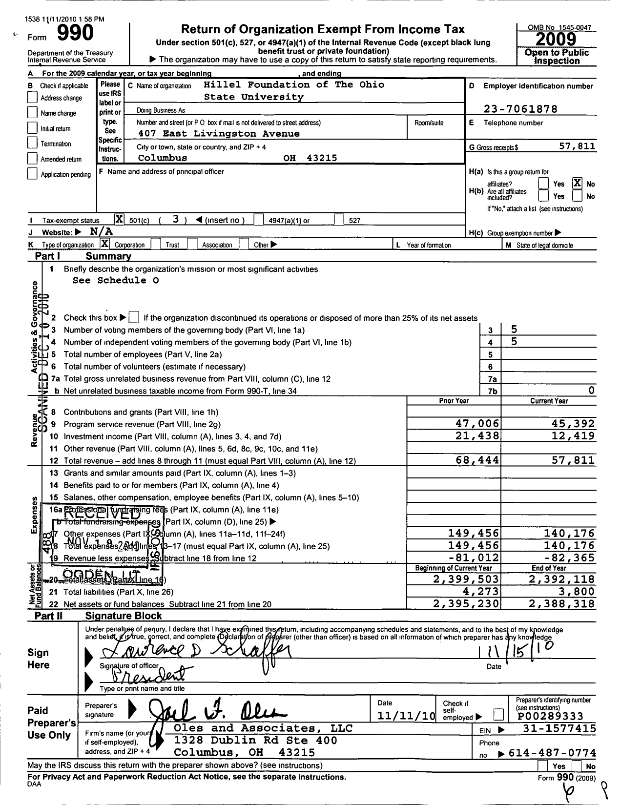 Image of first page of 2009 Form 990 for Hillel Foundation of the Ohio State University