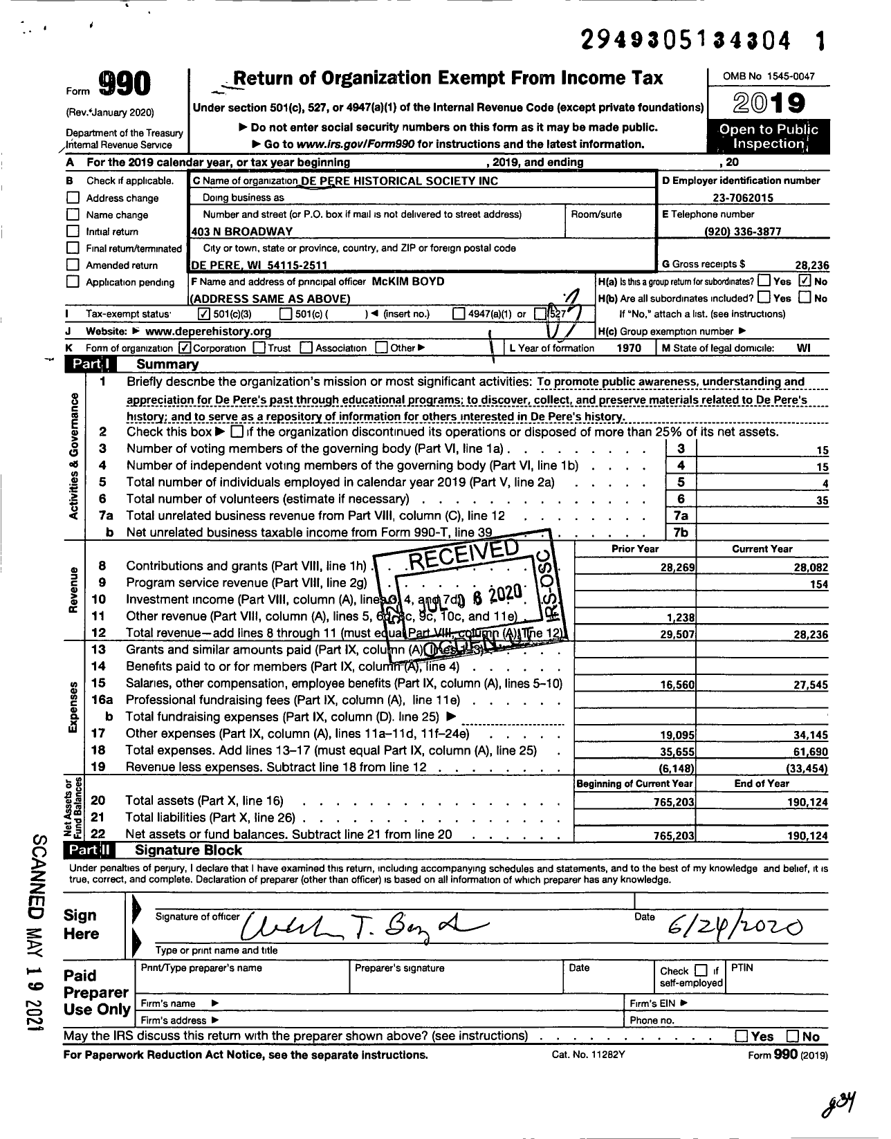 Image of first page of 2019 Form 990 for De Pere Historical Society