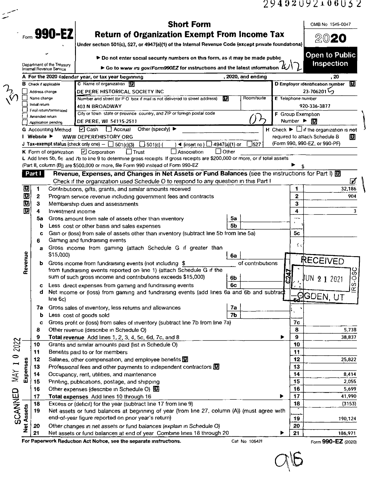 Image of first page of 2020 Form 990EZ for De Pere Historical Society