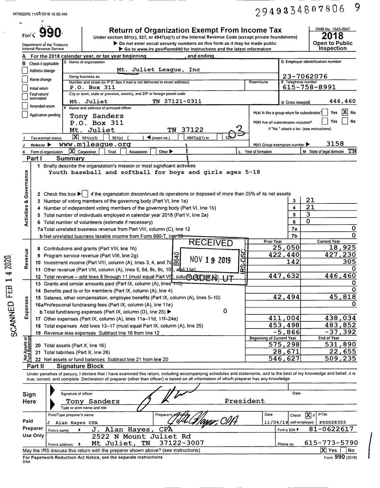 Image of first page of 2018 Form 990 for MT Juliet League