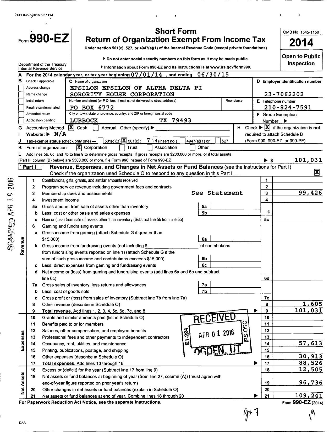 Image of first page of 2014 Form 990EO for Epsilon Epsilon of Alpha Delta Pi Sorority House Corporation / Sorority House Corporation