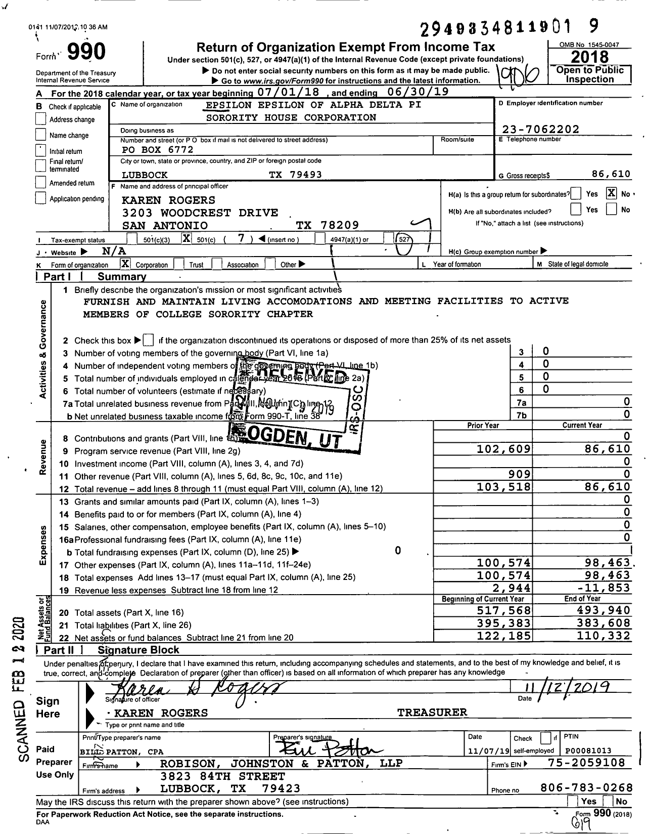 Image of first page of 2018 Form 990O for Epsilon Epsilon of Alpha Delta Pi Sorority House Corporation / Sorority House Corporation