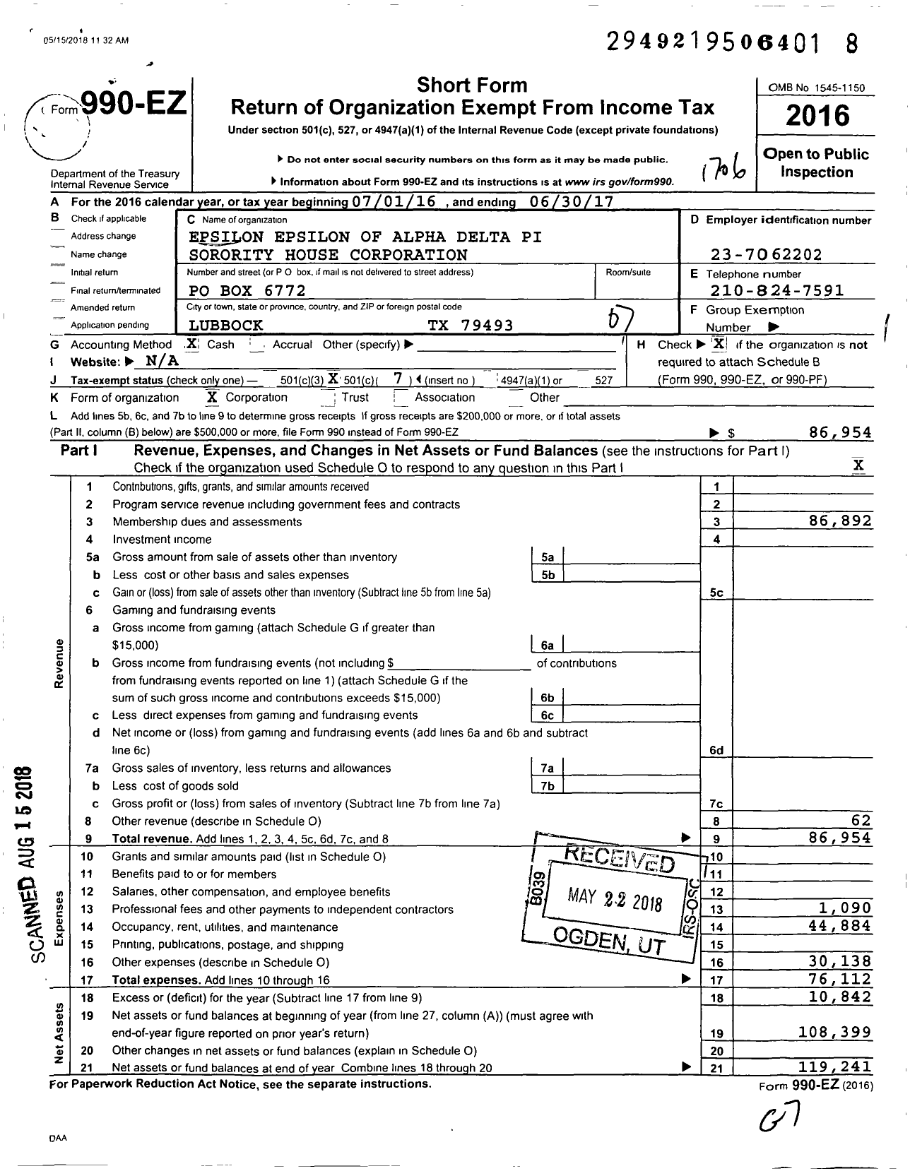 Image of first page of 2016 Form 990EO for Epsilon Epsilon of Alpha Delta Pi Sorority House Corporation / Sorority House Corporation