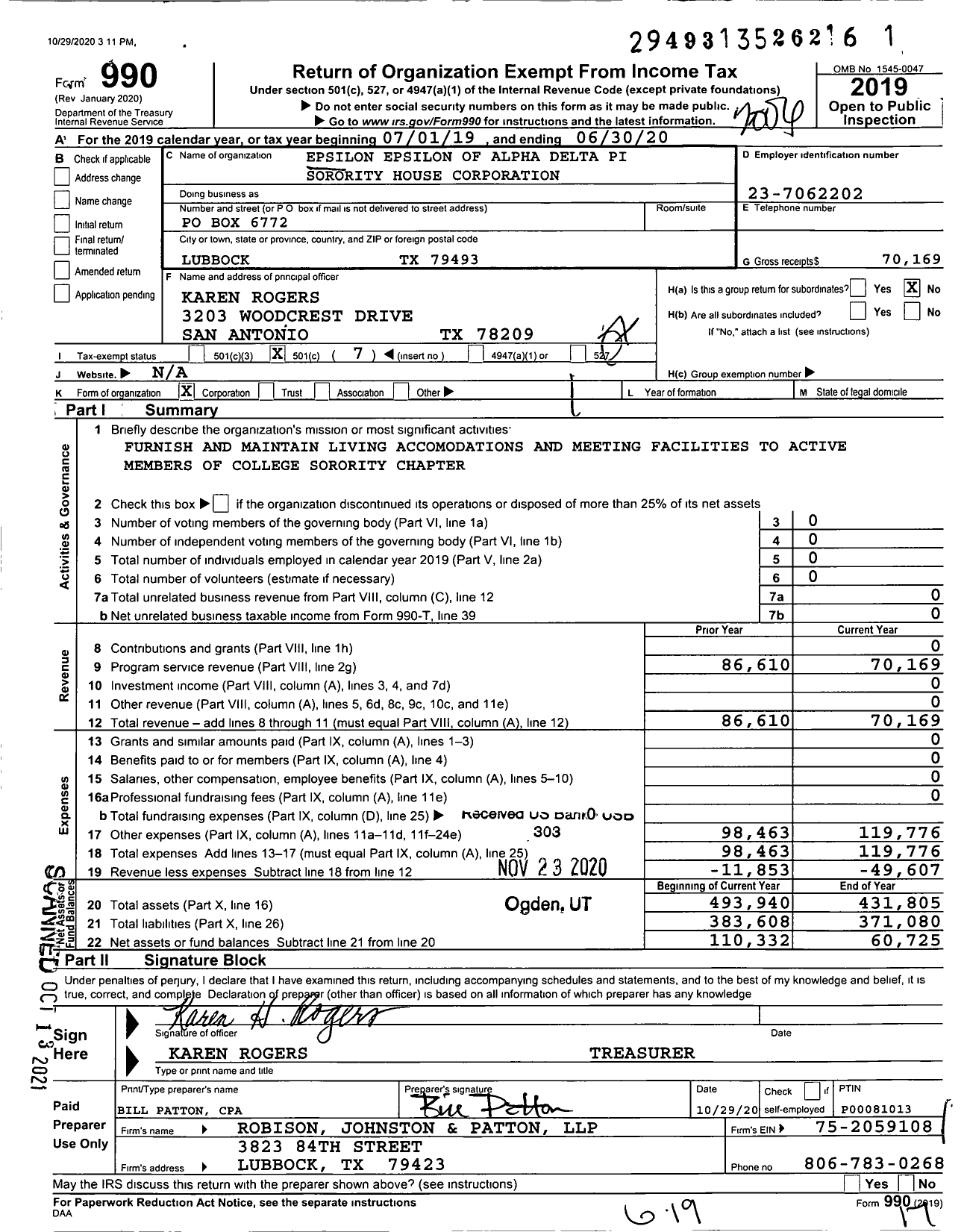 Image of first page of 2019 Form 990O for Epsilon Epsilon of Alpha Delta Pi Sorority House Corporation / Sorority House Corporation