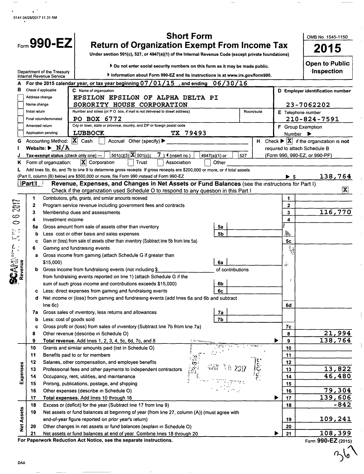 Image of first page of 2015 Form 990EO for Epsilon Epsilon of Alpha Delta Pi Sorority House Corporation / Sorority House Corporation