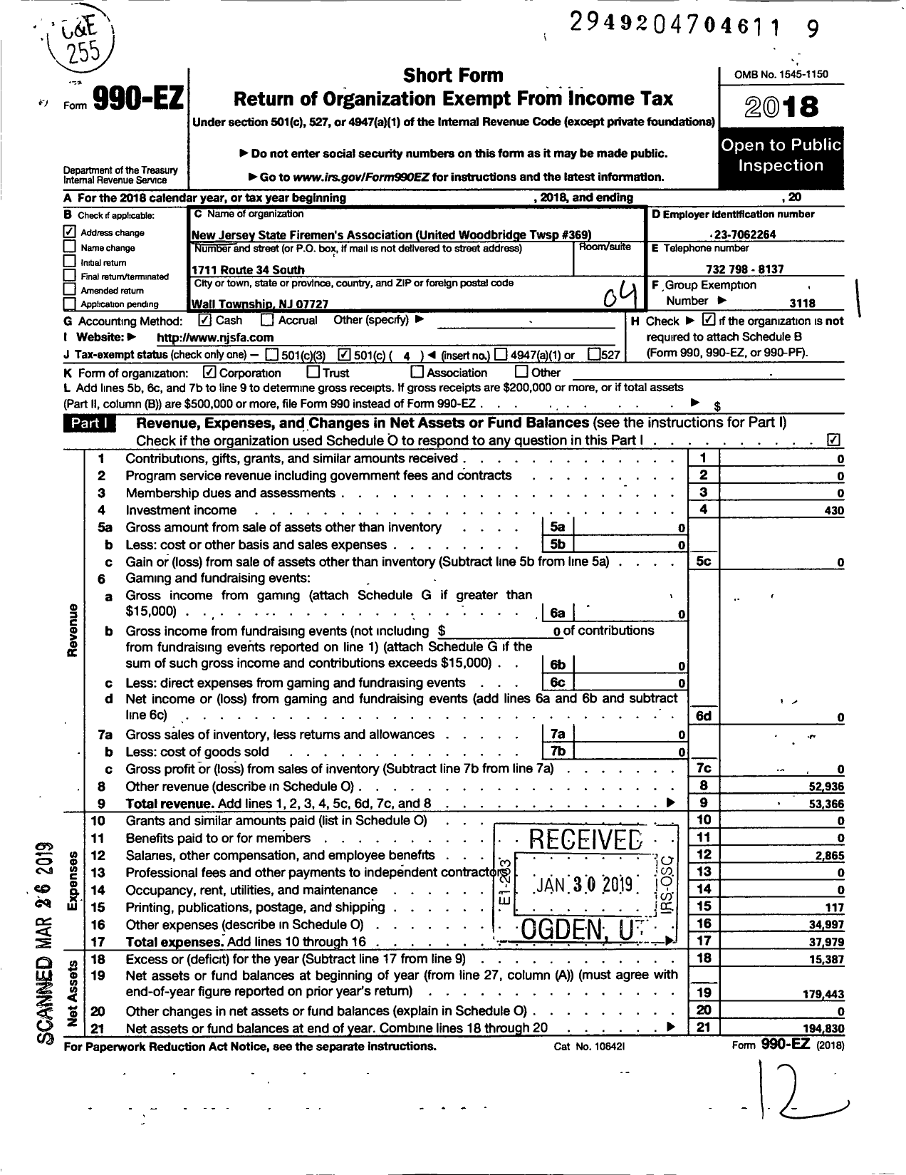 Image of first page of 2018 Form 990EO for NEW JERSEY STATE Firemen's ASSOCIATION - United Woodbridge Twsp