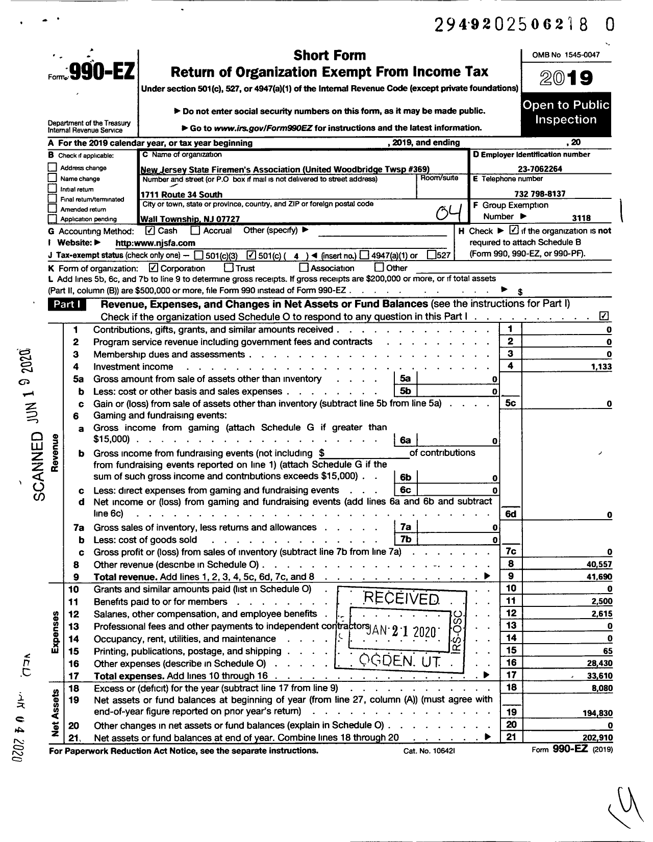 Image of first page of 2019 Form 990EO for NEW JERSEY STATE Firemen's ASSOCIATION - United Woodbridge Twsp