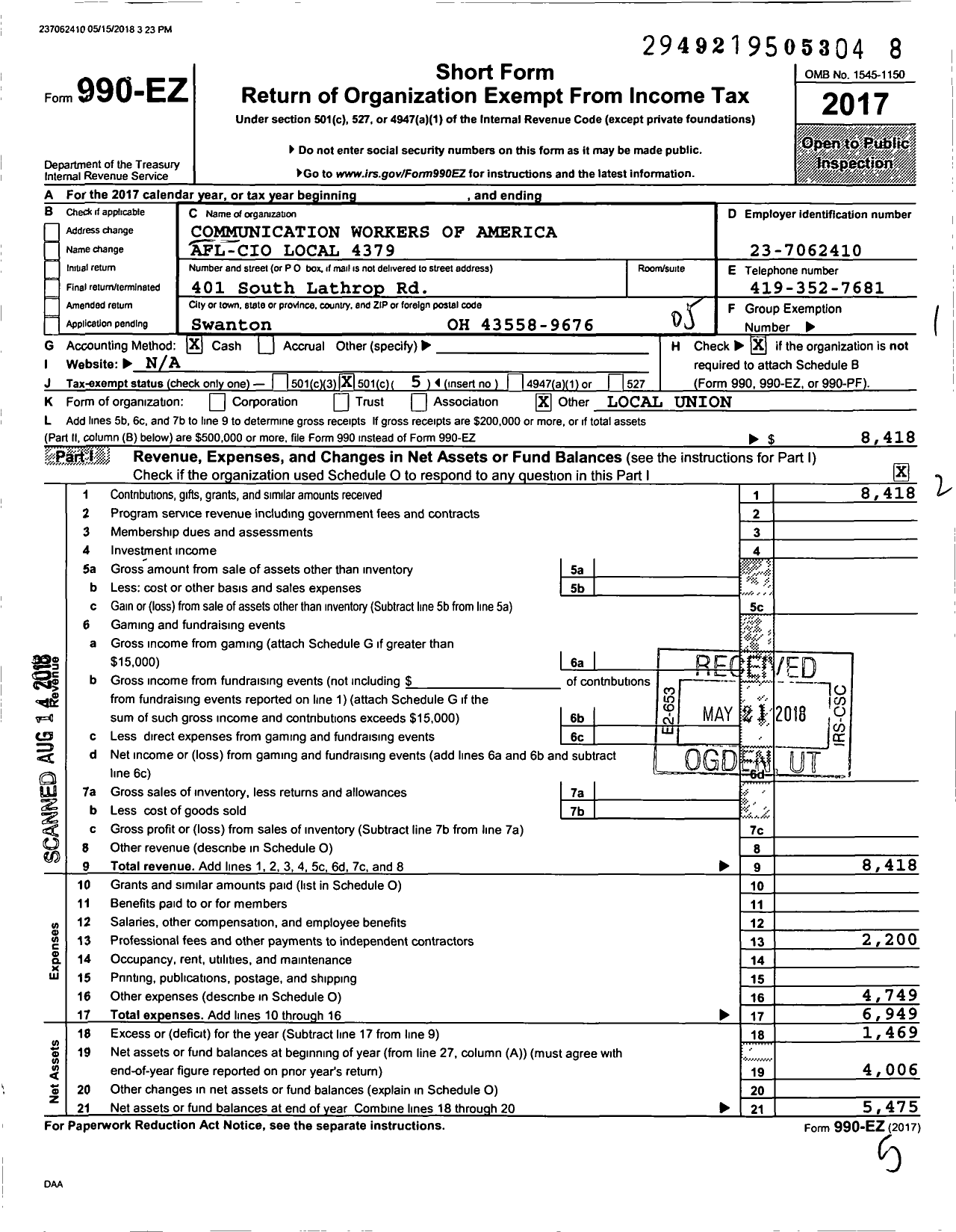 Image of first page of 2017 Form 990EO for Communications Workers of America - 4379 Cwa