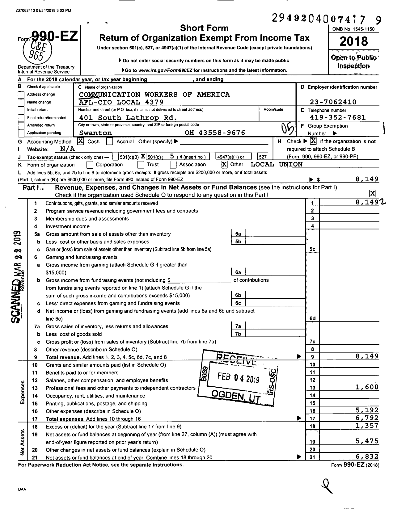 Image of first page of 2018 Form 990EO for Communications Workers of America - 4379 Cwa