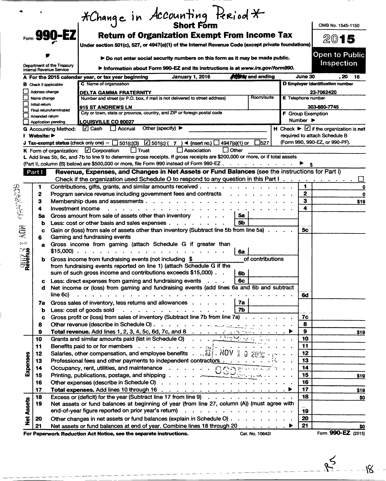 Image of first page of 2015 Form 990EO for Delta Gamma Fraternity / Boulder Alumnae Chapter