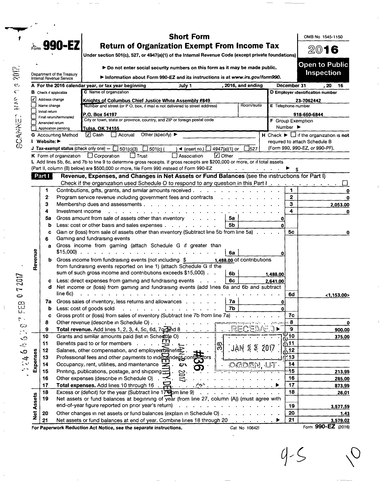 Image of first page of 2016 Form 990EO for Knights of Columbus - 0849 Chief Justice White Assembly