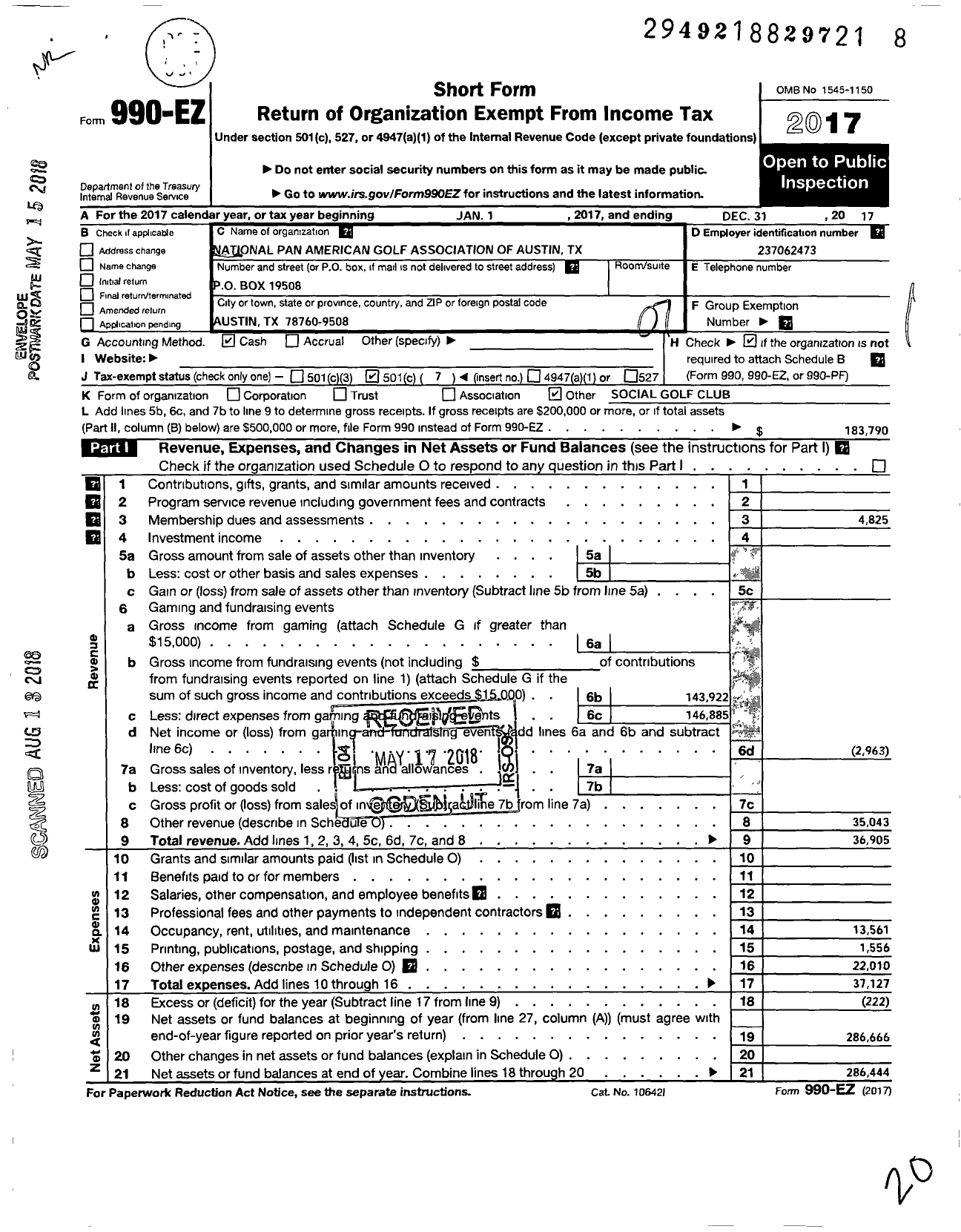 Image of first page of 2017 Form 990EO for National Pan American Golf Association of Austin TX